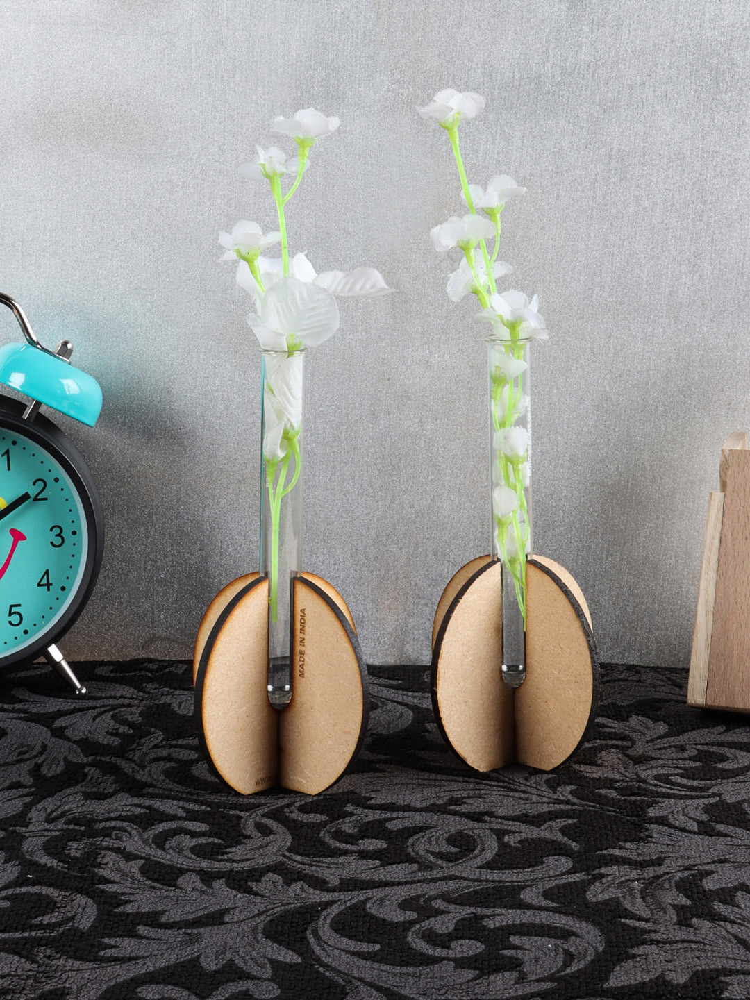 INCRIZMA Set of 2 Brown & Tranparent Eco-Friendly Mini Glass Test Tube Vases with Holder