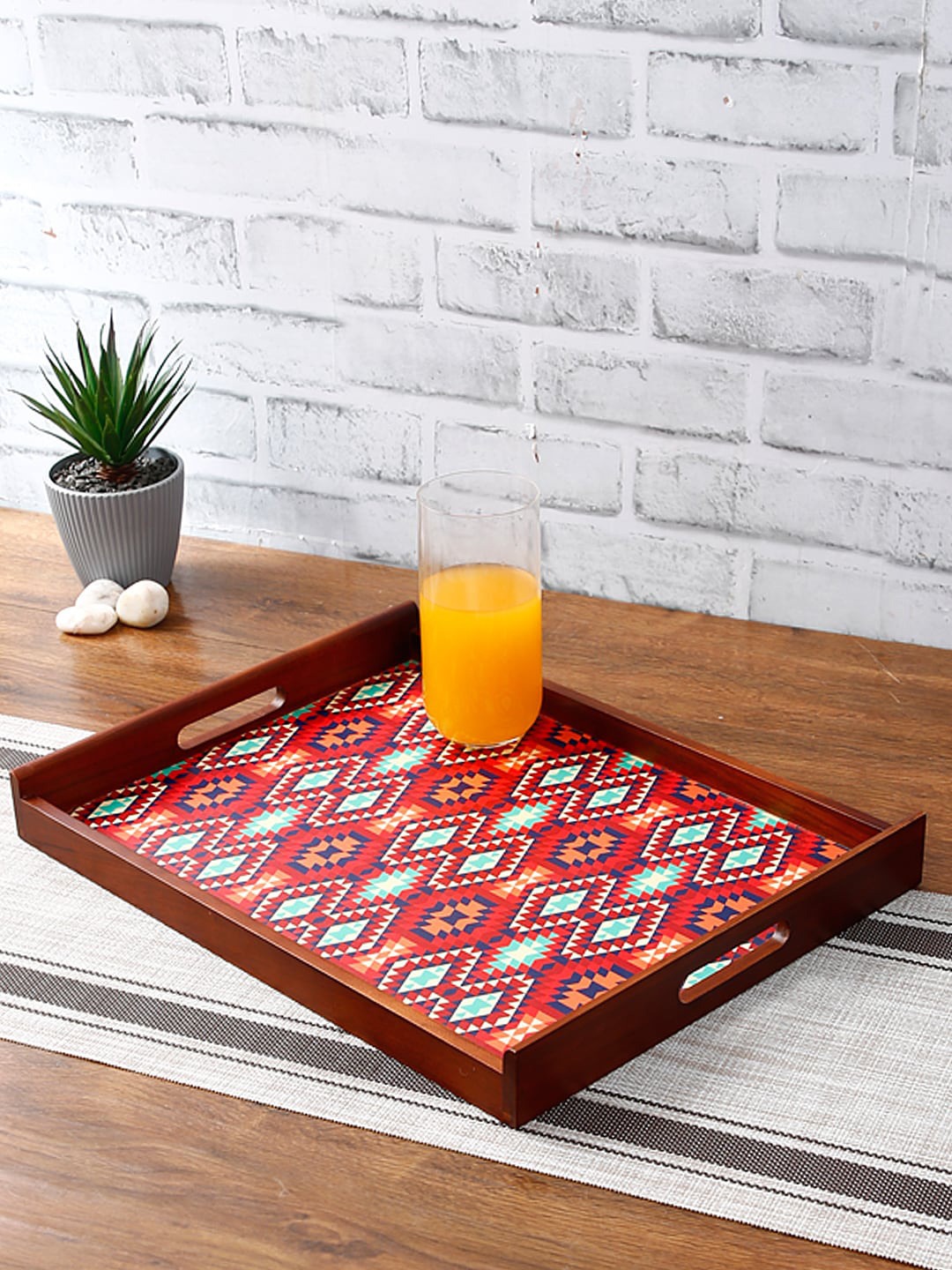 Reinvention Factory Brown & Red Ikkat Digital Printed Thai Teak Wood Serving Tray