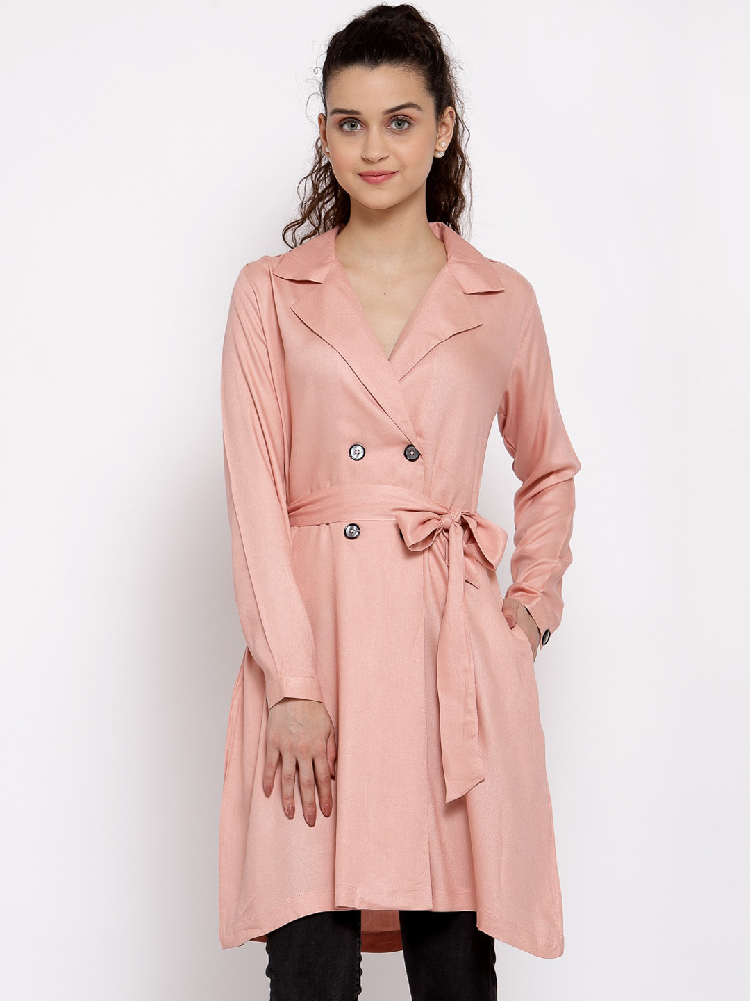Style Quotient Women Pink Solid Double-Breasted Trench Coat