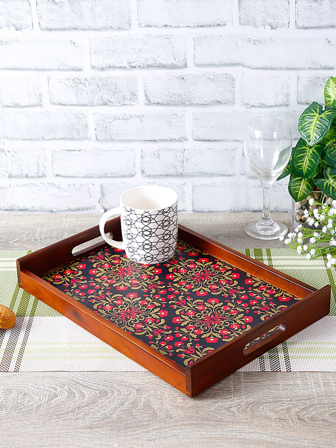 Reinvention Factory Brown & Navy Blue Floral Print Thai Teak Wood Serving Tray
