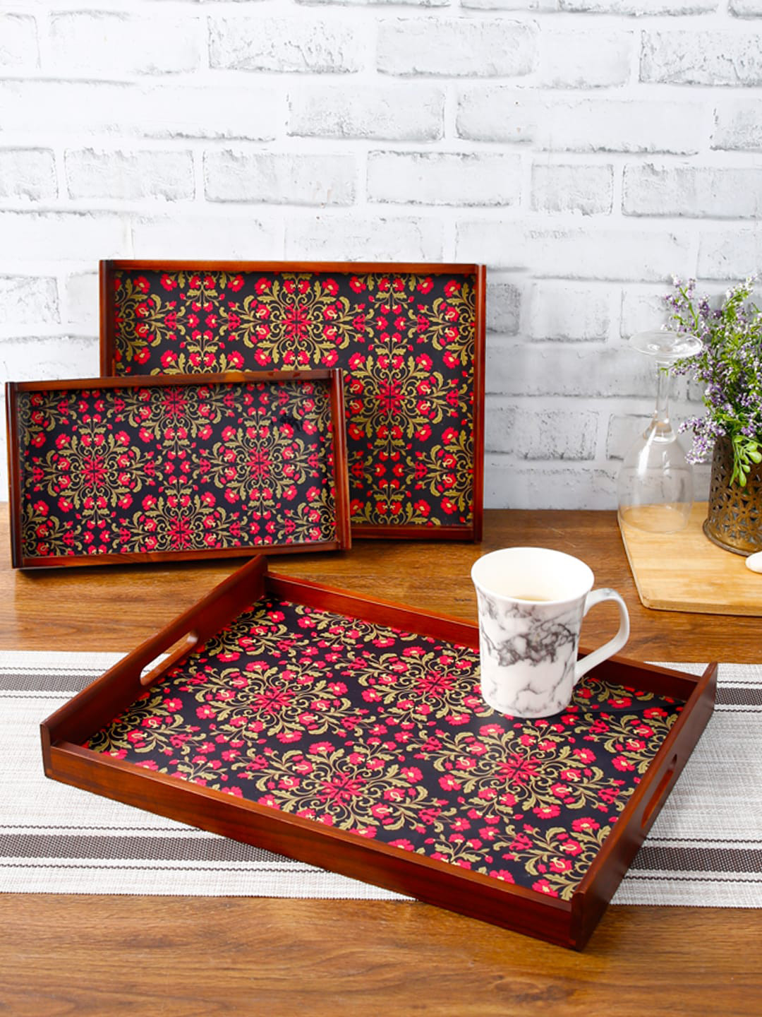 Reinvention Factory Set of 3 Navy & Coral Red Flower Digital Print Teak Wood Serving Trays