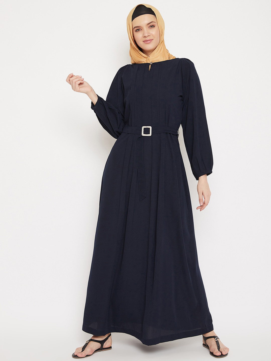 MOMIN LIBAS Women Navy Blue Solid Abaya with Belt