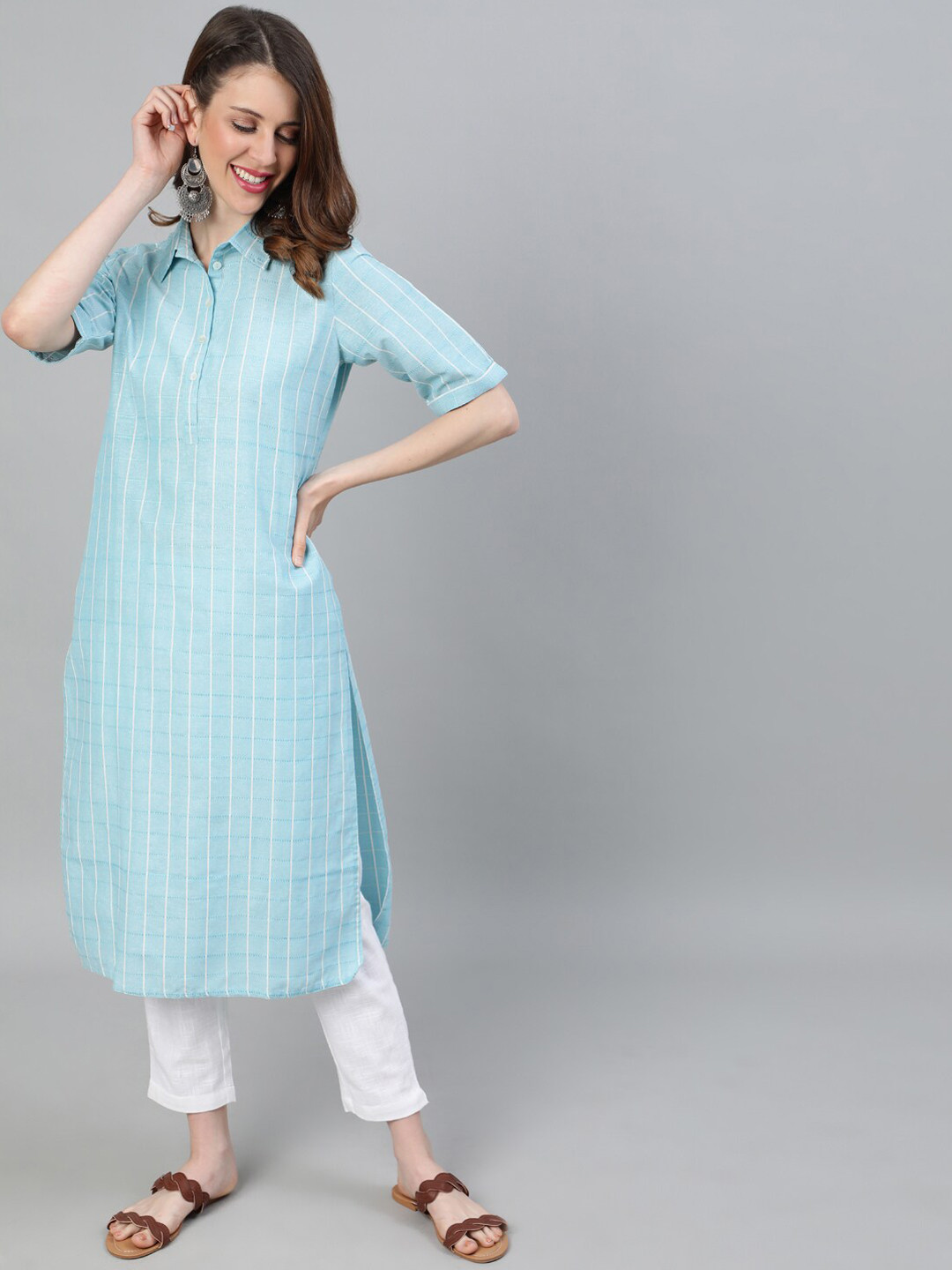 Jaipur Kurti Women Blue & White Striped Kurta with Trousers