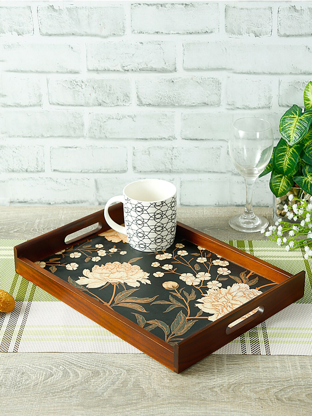 Reinvention Factory Black & Beige Digital Printed Thai Teak Wood Serving Tray