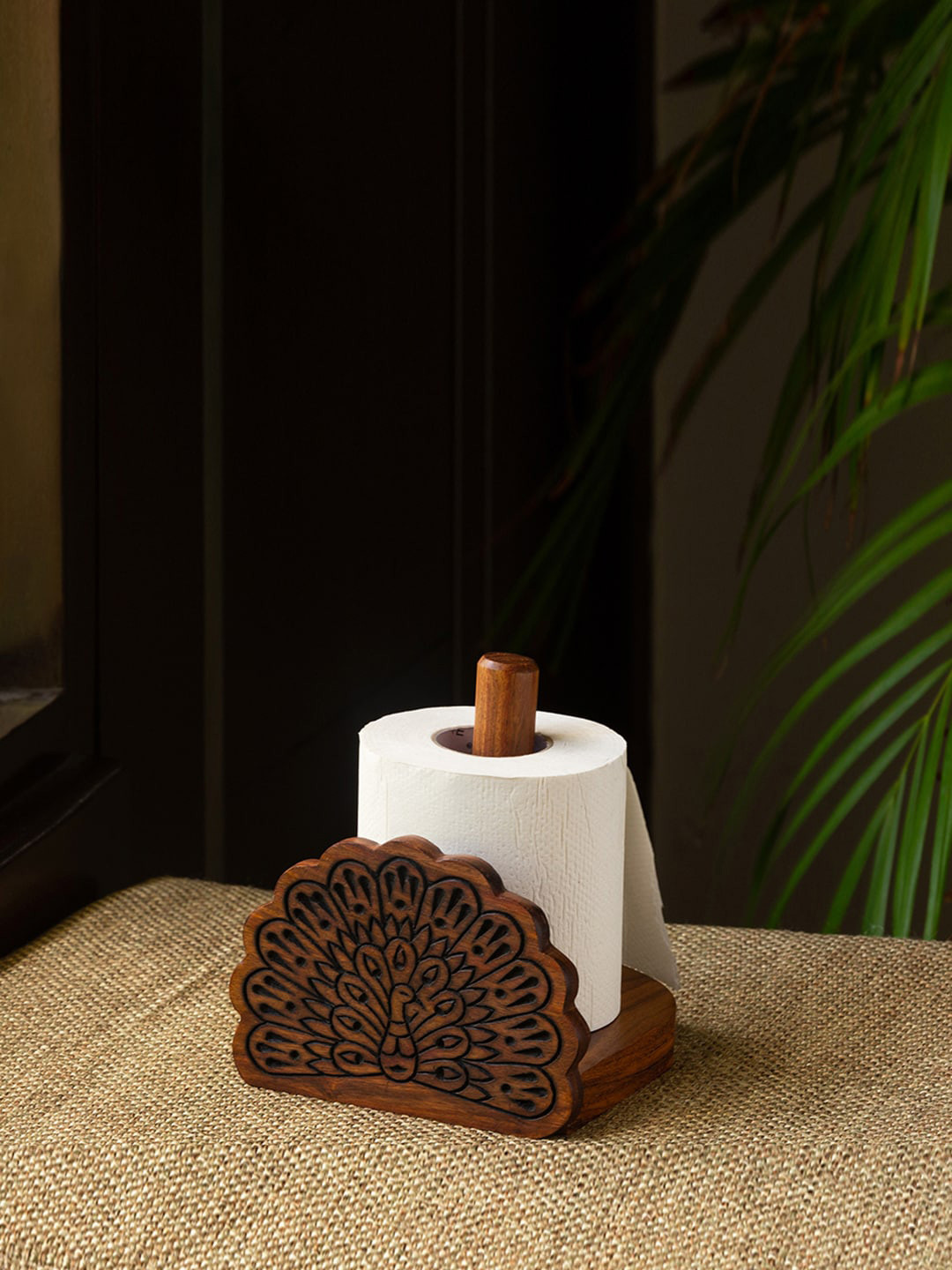 ExclusiveLane Brown Sheesham Wooden Hand Carved Toilet Roll Holder