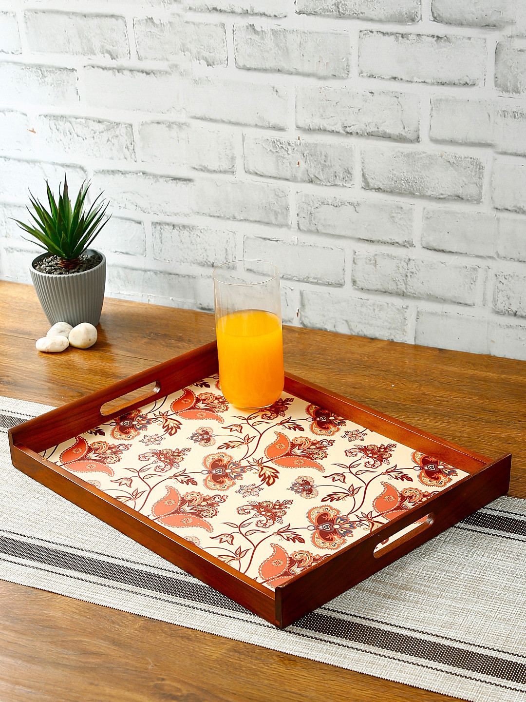 Reinvention Factory Brown & Off-white Floral Digital Printed Teak Wood Serving Tray