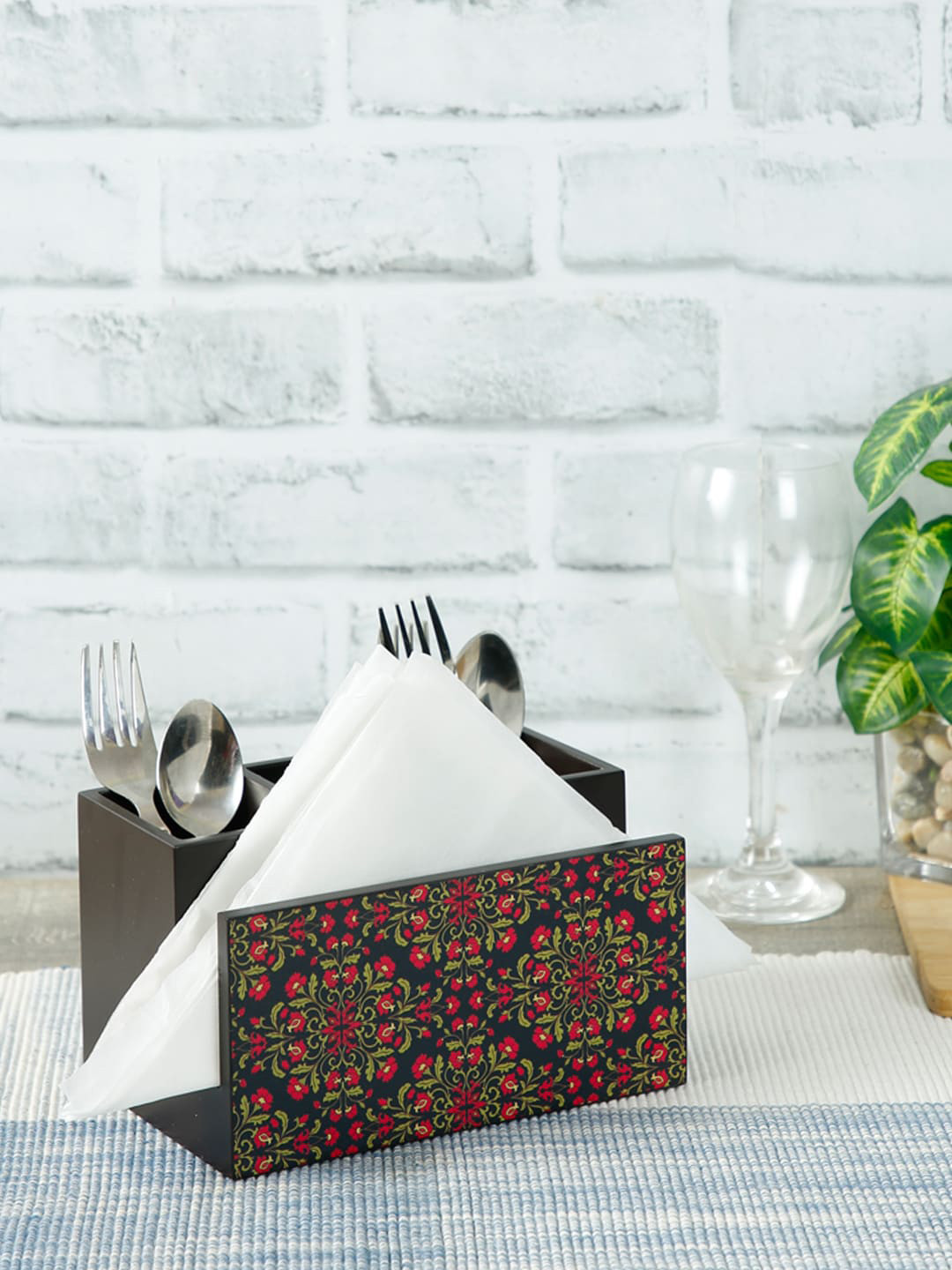 Reinvention Factory Black & Pink Digital Floral Ornament Printed Cutlery & Tissue Holder