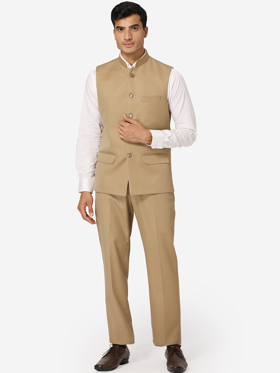 Wintage Men Beige Solid Bandhgala Formal Two-Piece Suit