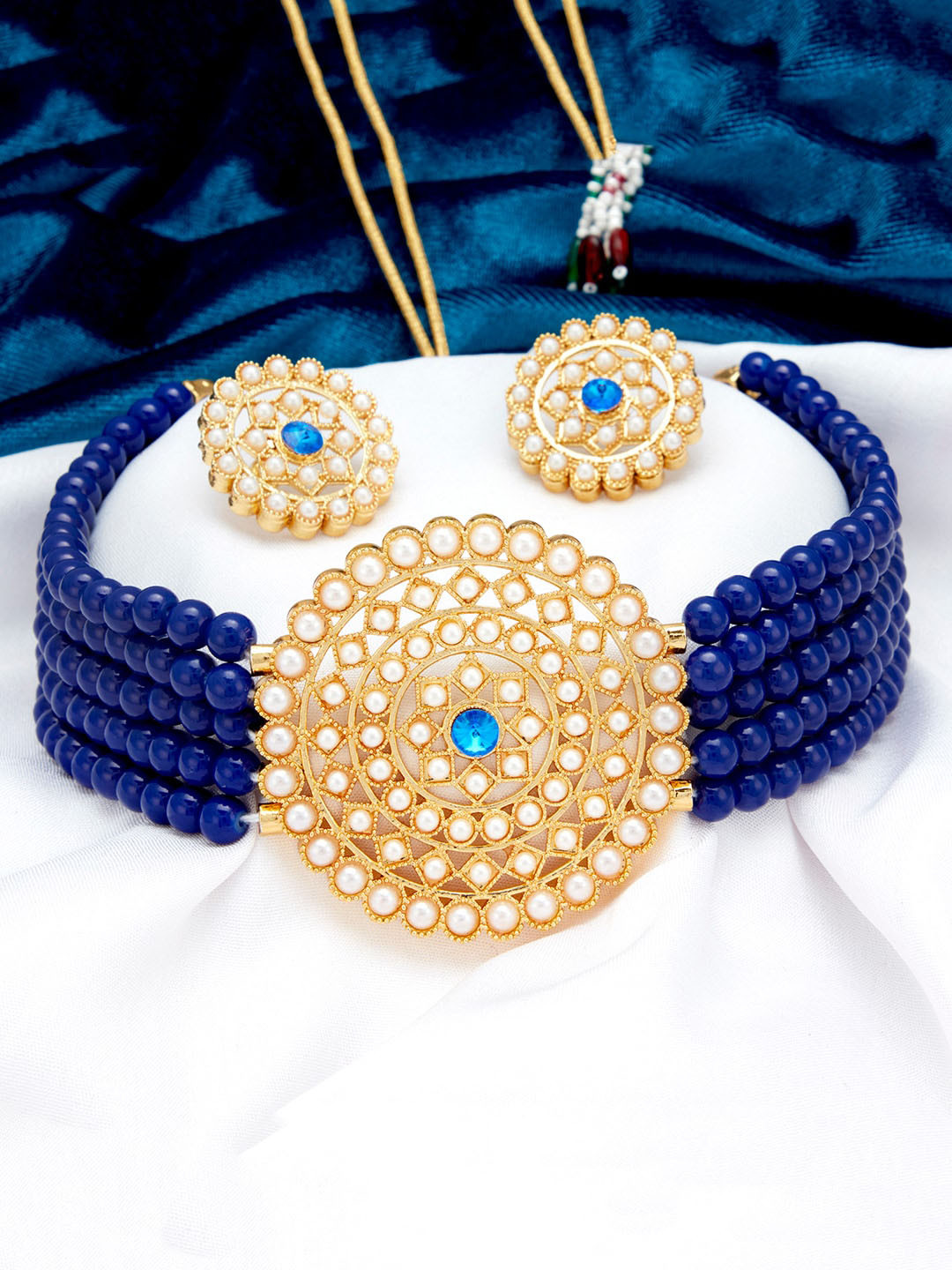 Sukkhi Gold-Plated Blue & White Pearl-Studded Sustainable Beaded Jewellery Set