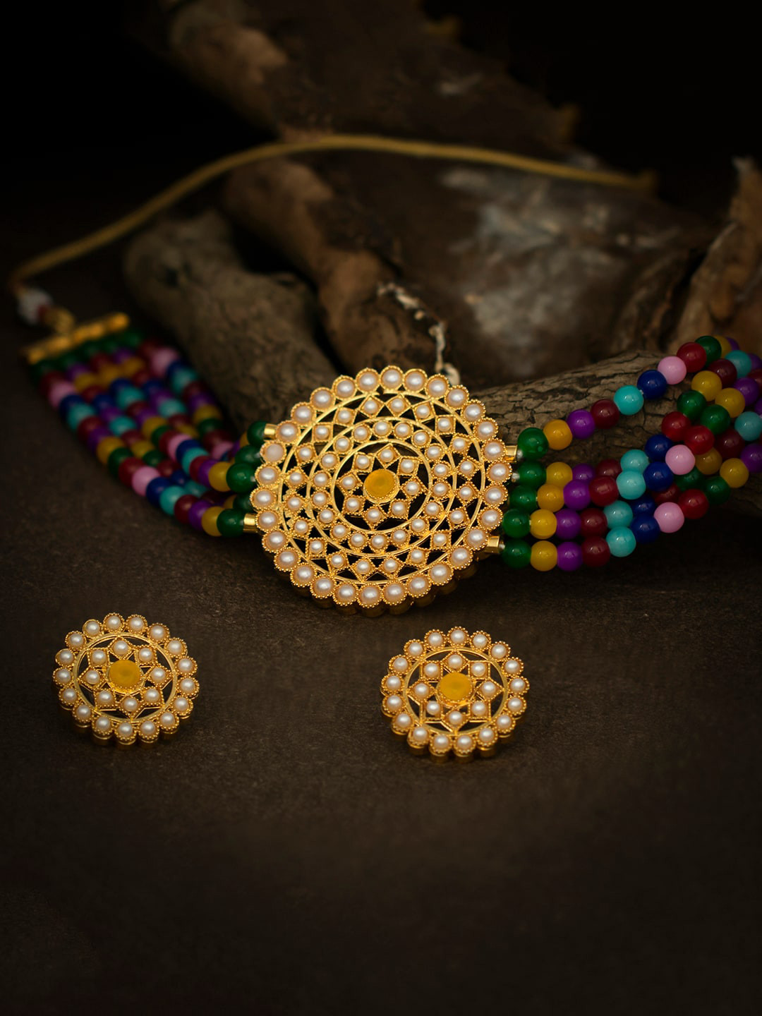 Sukkhi Gold-Plated Multi-Coloured Pearl-Studded Beaded Sustainable Jewellery Set