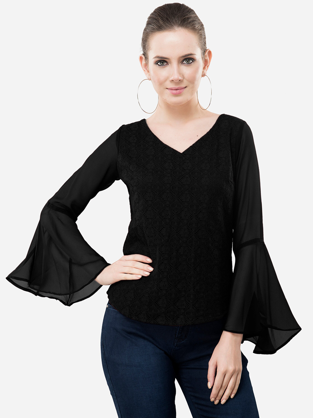 V&M Black Bell Sleeves Pure Cotton Lace A-Line Top