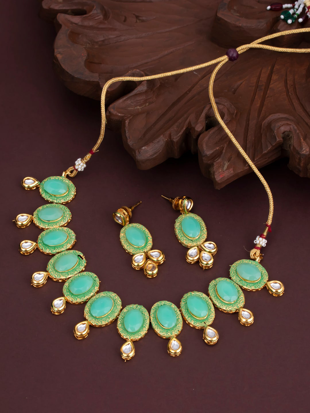 Sukkhi Gold-Plated Turquoise Blue & Green Kundan-Studded Meenakari Jewellery Set