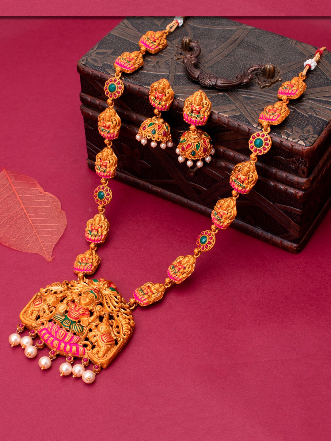 Sukkhi Gold-Plated Pink And Green Stone Studded Pearl Sustainable Temple Jewellery Set