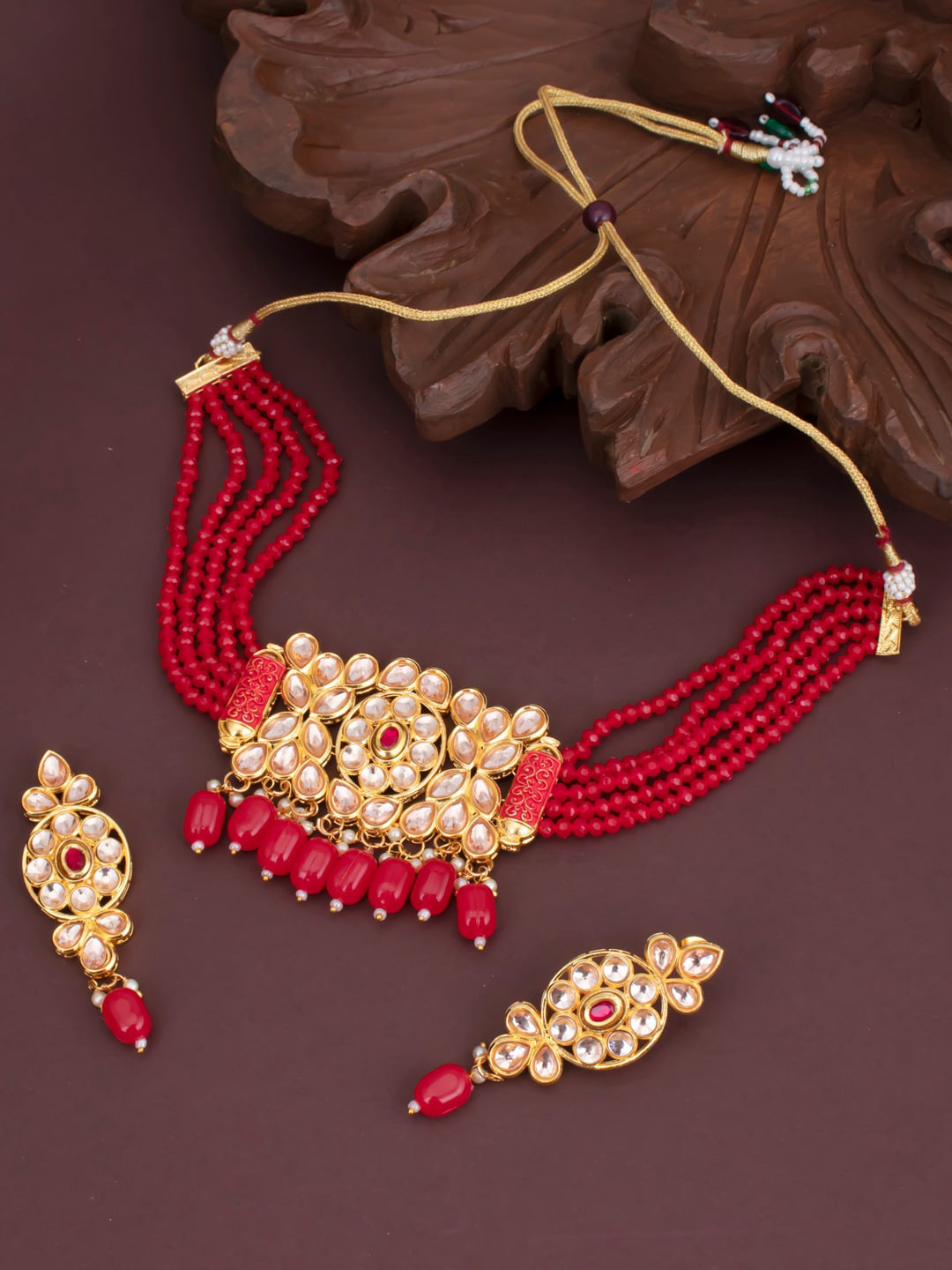 Sukkhi Gold Plated & Maroon Kundan-Studded & Pearl-Beaded Sustainable Jewellery Set