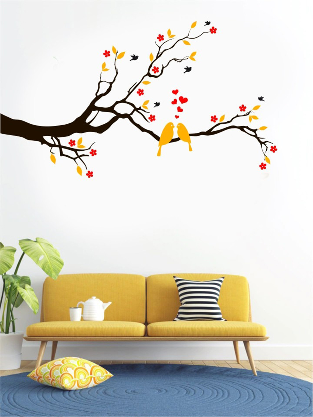 Rawpockets Dark Brown Yellow And Red Flower and Love Birds Wall Stickers