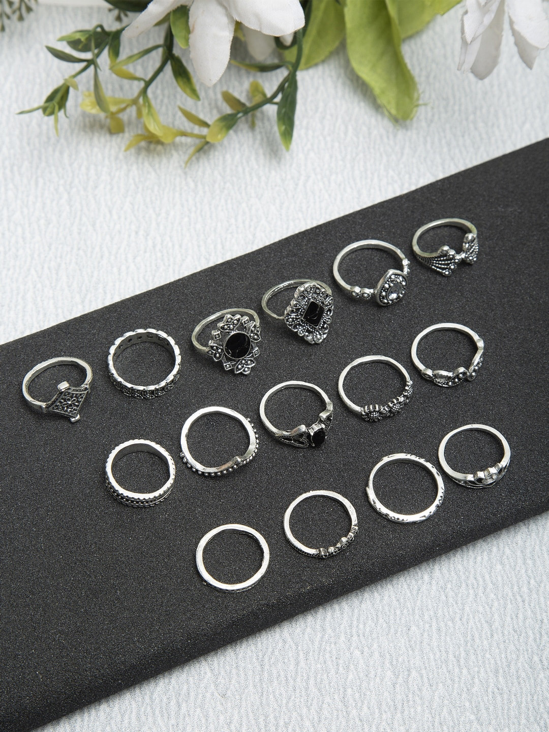 YouBella Women Set Of 15 Silver-Toned & Black Textured Finger Rings