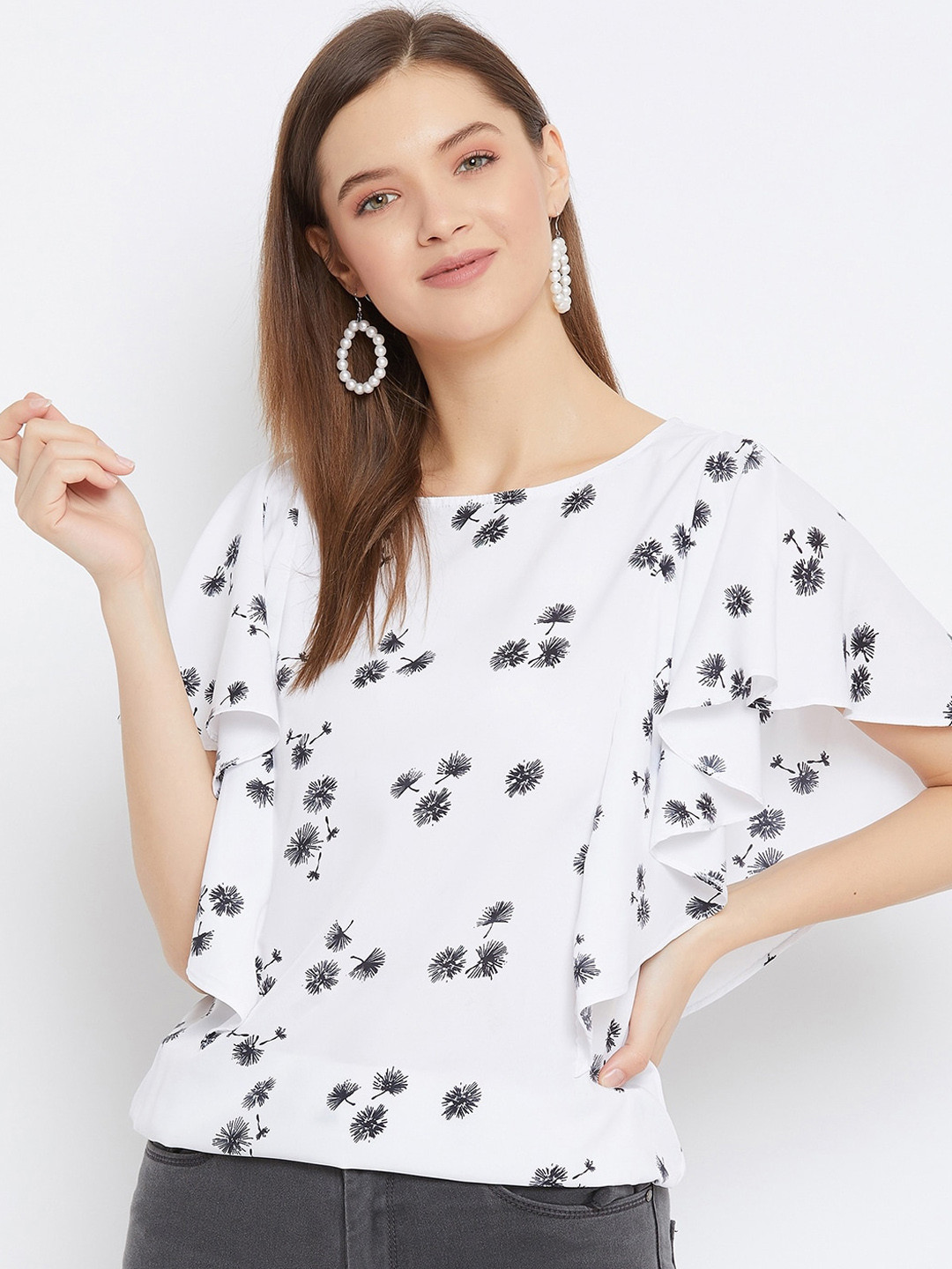 Bitterlime White & Black Printed Flutter Sleeves Crepe Regular Top