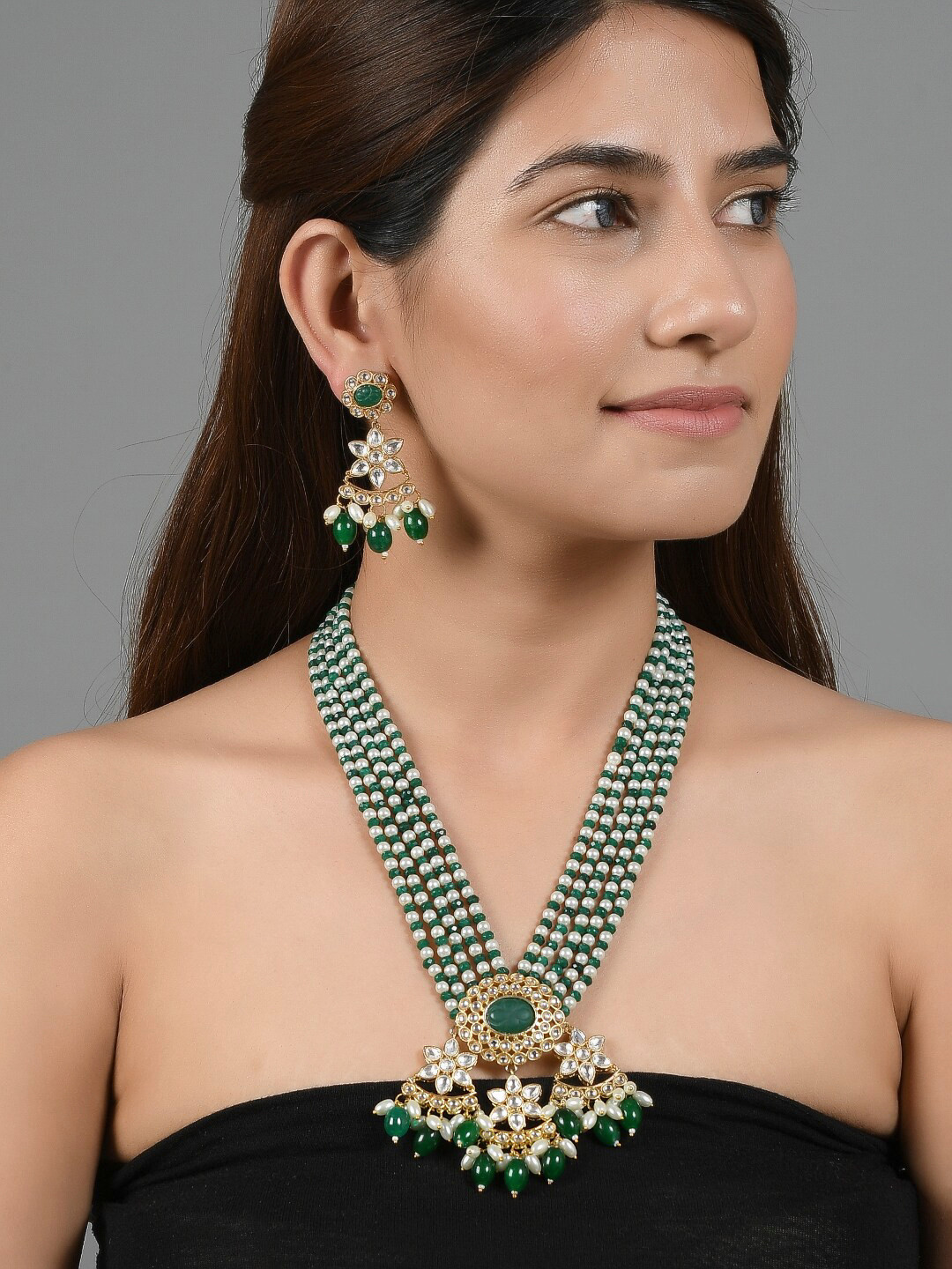 Silvermerc Design Gold-Plated Green & White Pearl Onyx Kundan-Studded Jewellery Set