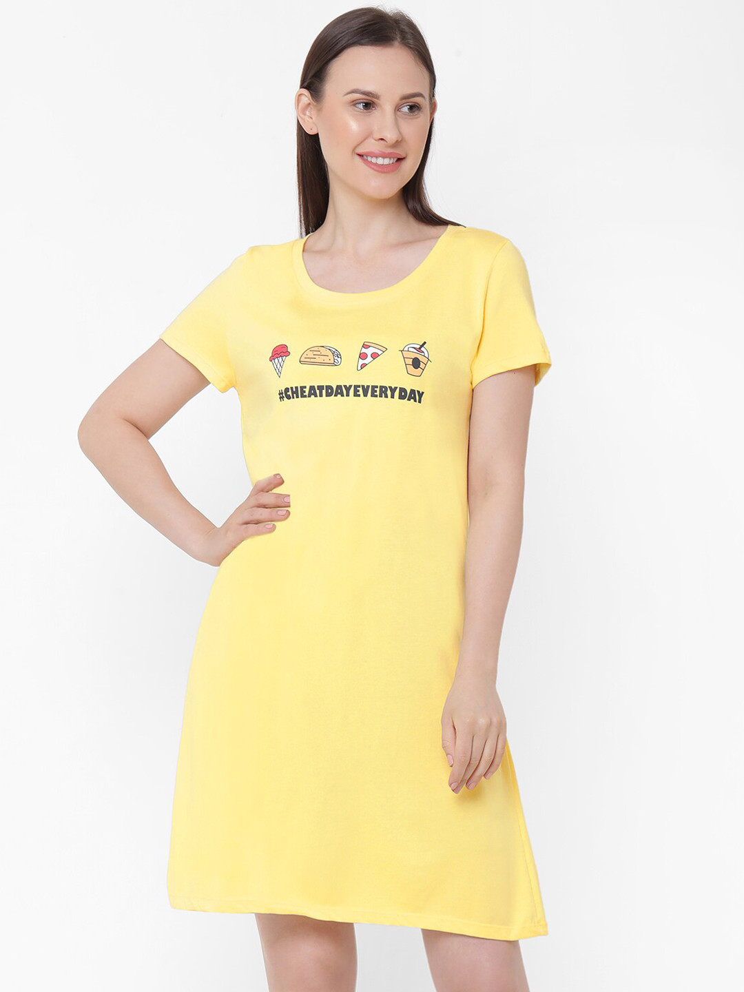 Soie Women Yellow Printed Super-Soft Sleep Shirt