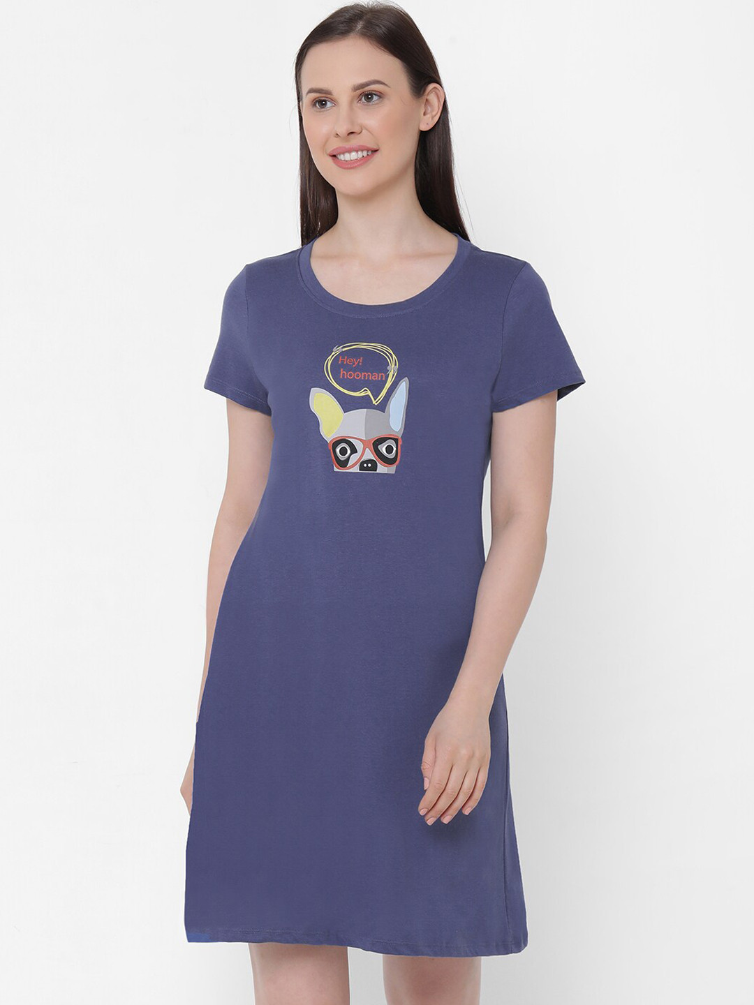 Soie Women Blue & Yellow Printed Super-Soft Cotton Modal Knee-Length Sleep Shirt