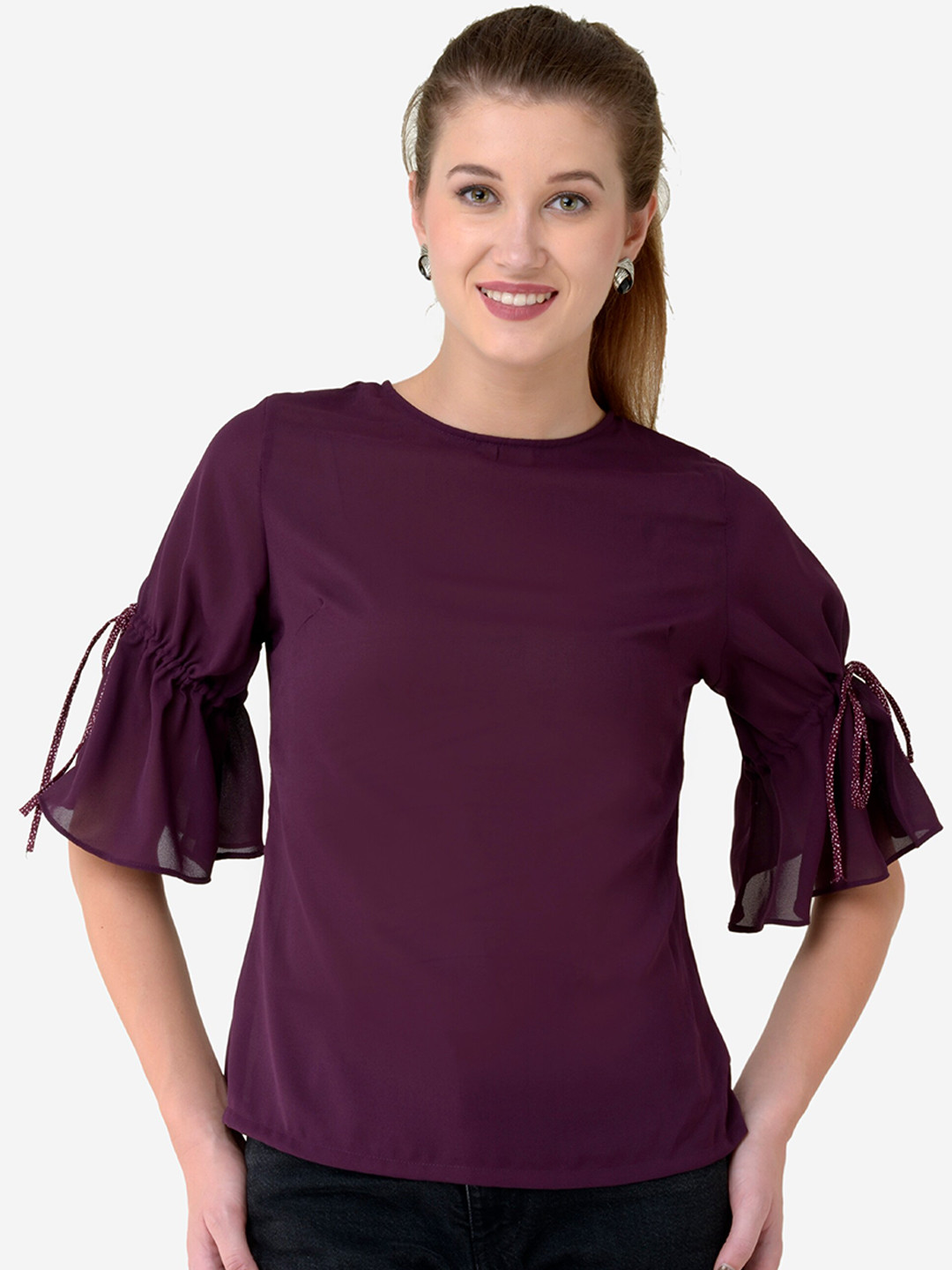 V&M Purple Flared Sleeves Crepe Regular Top