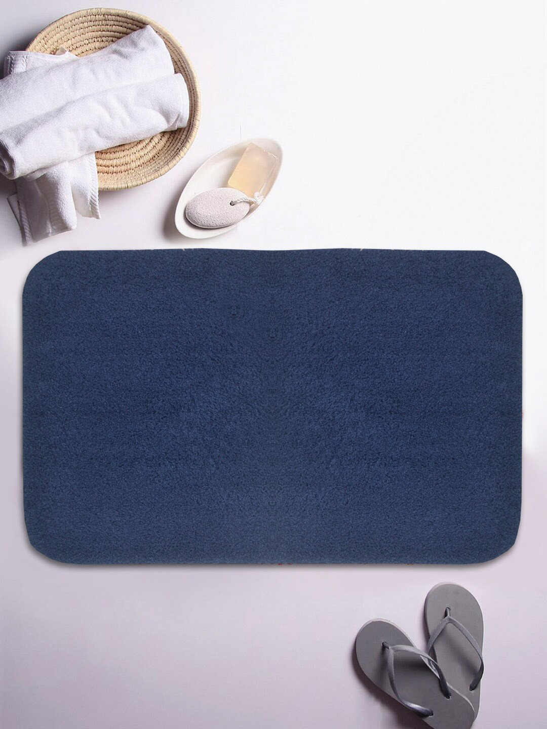 BIANCA Navy Blue Solid Ultra-Soft Fluffy Rectangular Bath Mat