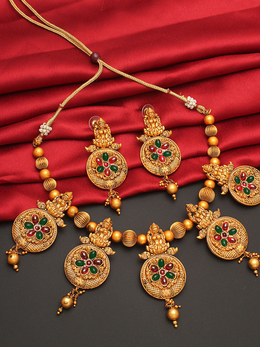 aadita Gold-Plated Green & Magenta Stone Studded & Beaded Jewellery Set