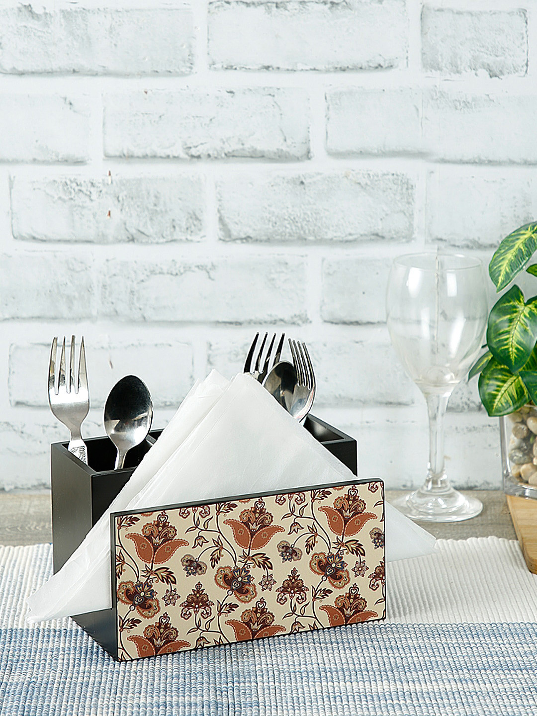 Reinvention Factory Black & Beige Digital Flourish Tiled Printed Cutlery & Tissue Holder