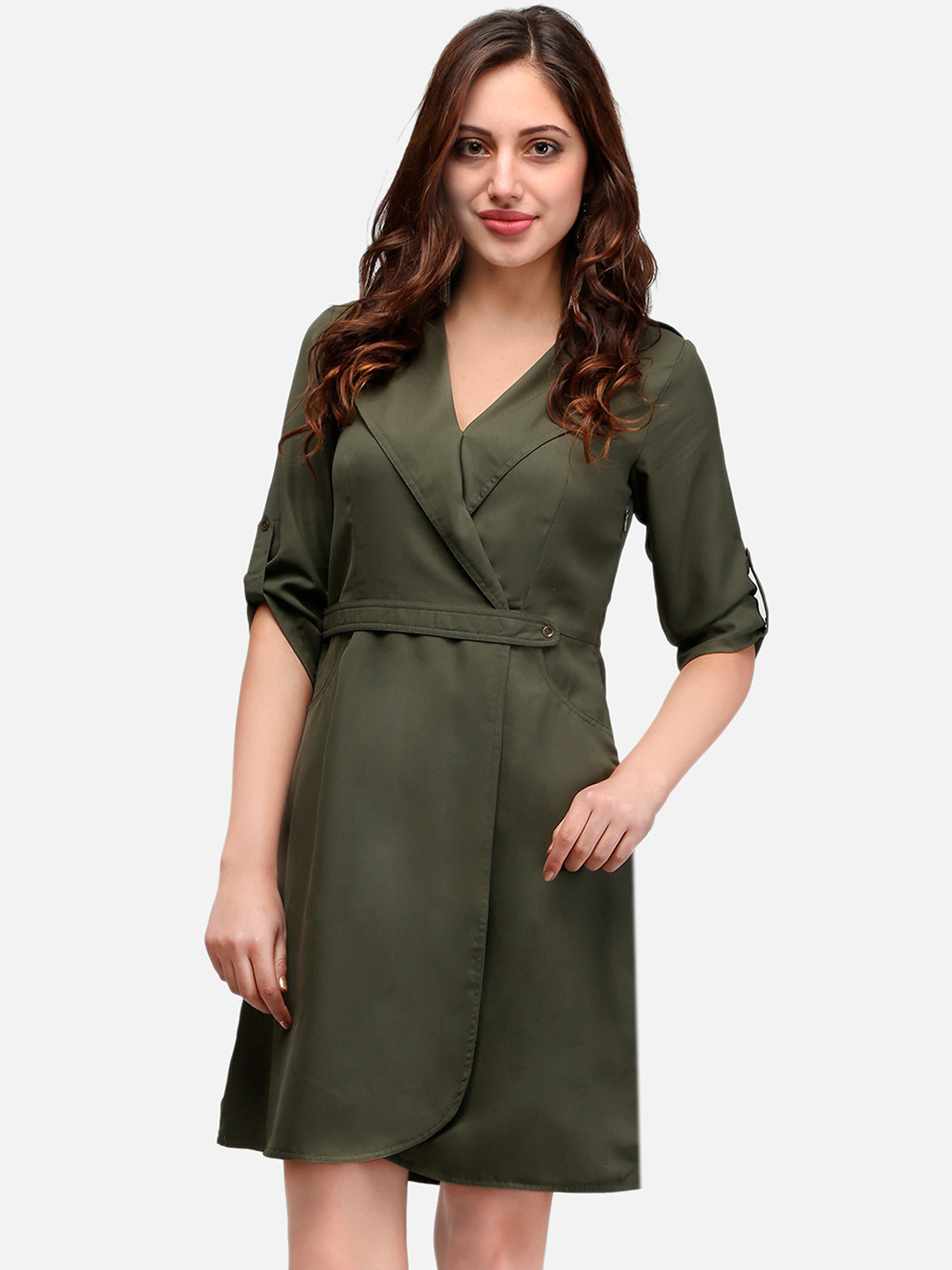V&M Women Olive Green Solid Wrap Dress