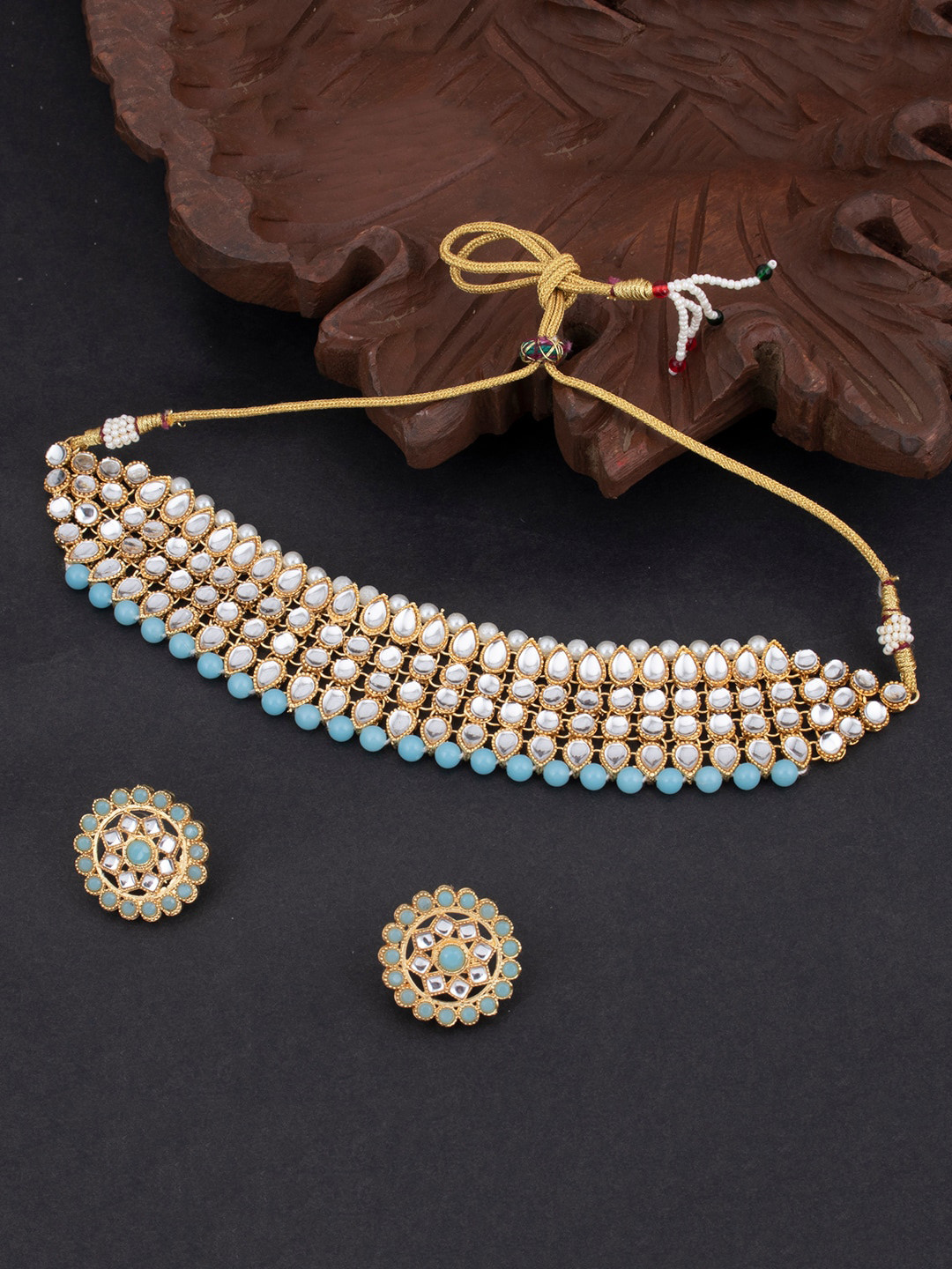 Sukkhi Gold-Plated Blue & White Kundan-Studded & Pearl-Beaded Sustainable Jewellery Set