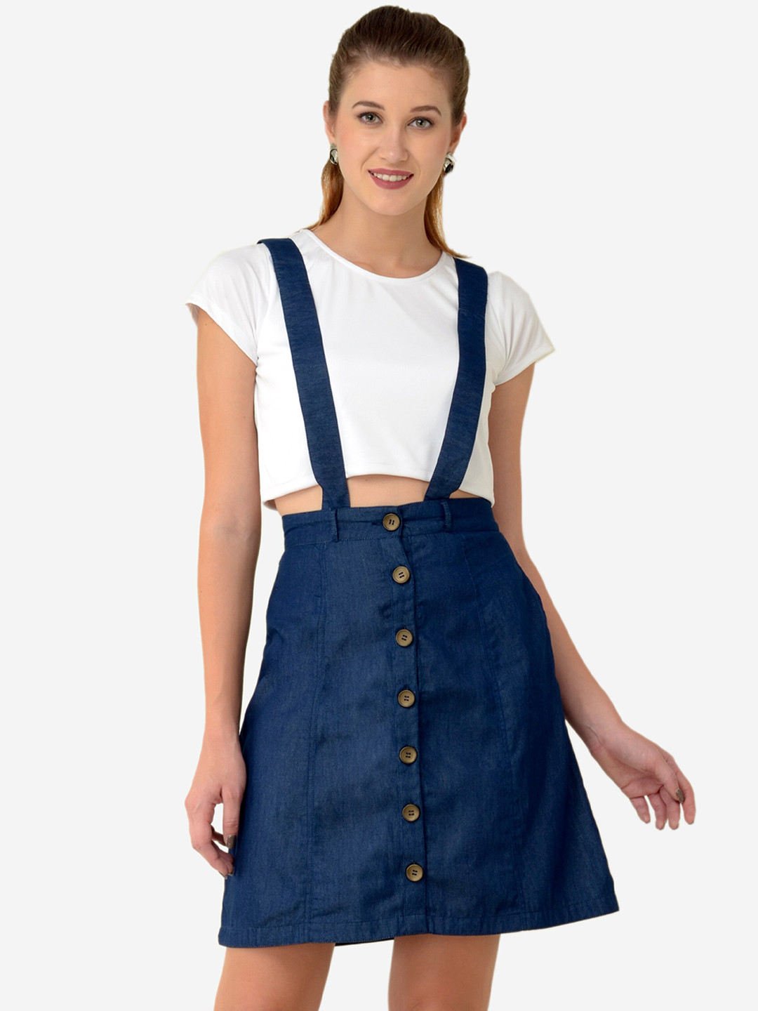 V&M Women Navy Blue Cotton Pinafore Dress