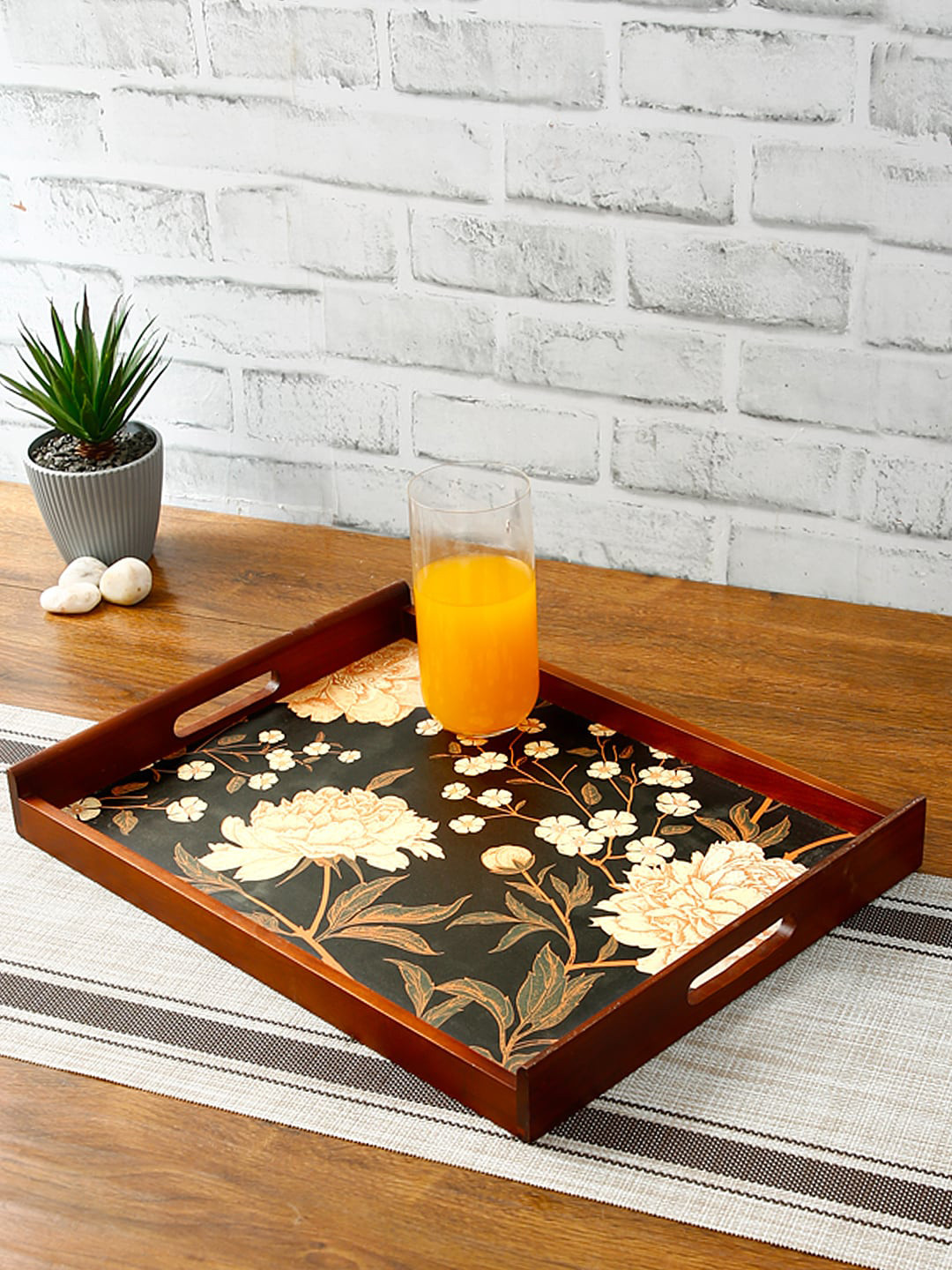 Reinvention Factory Black & Green Digital Flower Printed Serving Tray