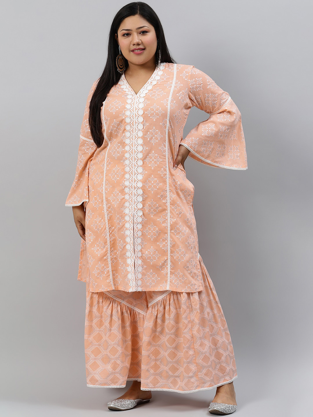 Plus Size Womens Peach Printed Cotton Straight Kurta With Sharara