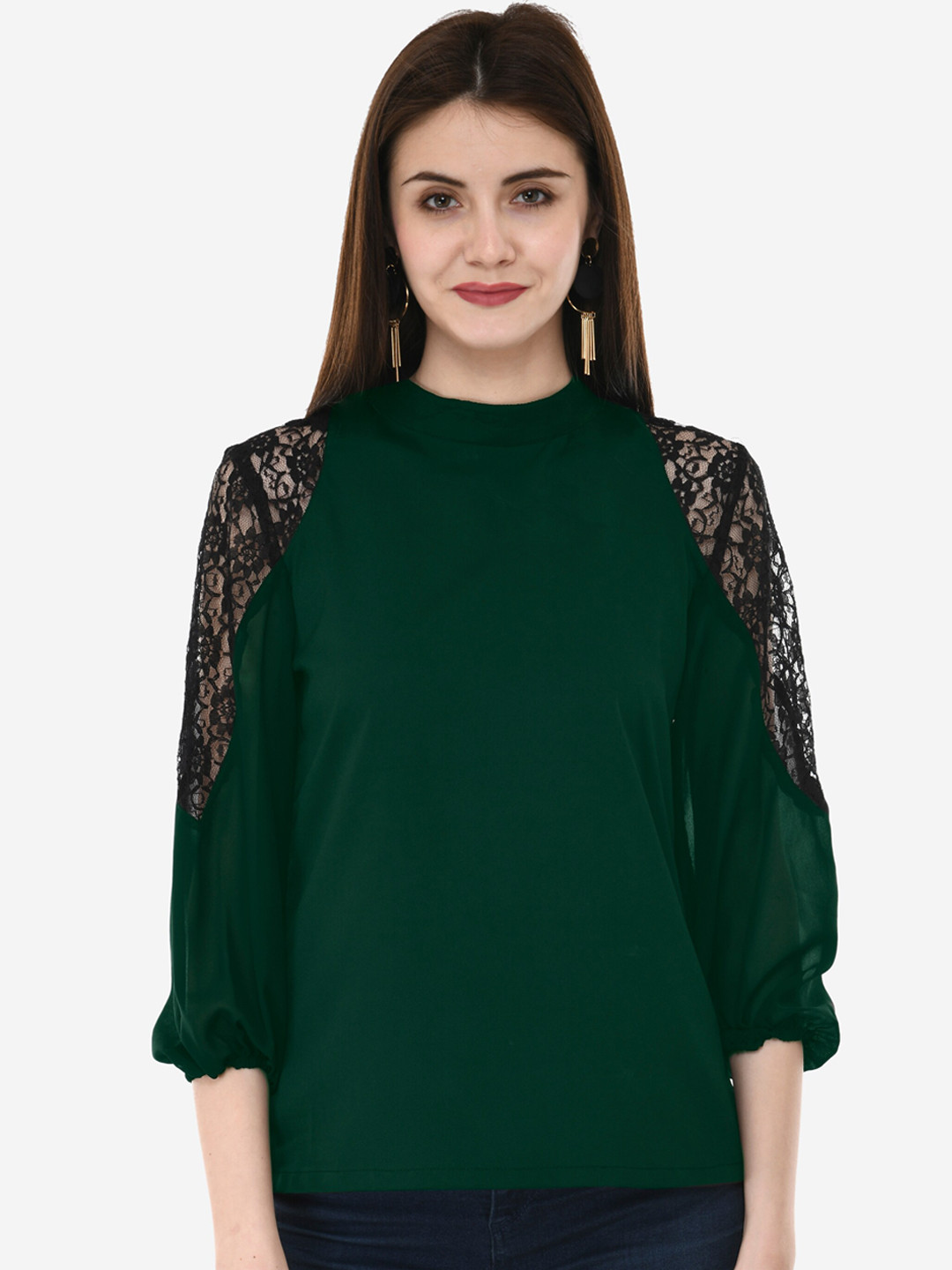 V&M Green Bishop Sleeves Crepe Regular Top