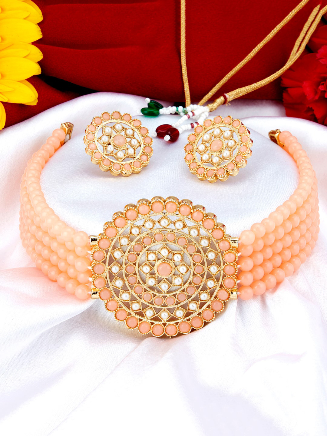 Sukkhi Gold-Plated Peach-Colored & White Pearl-Studded Beaded Sustainable Jewellery Set