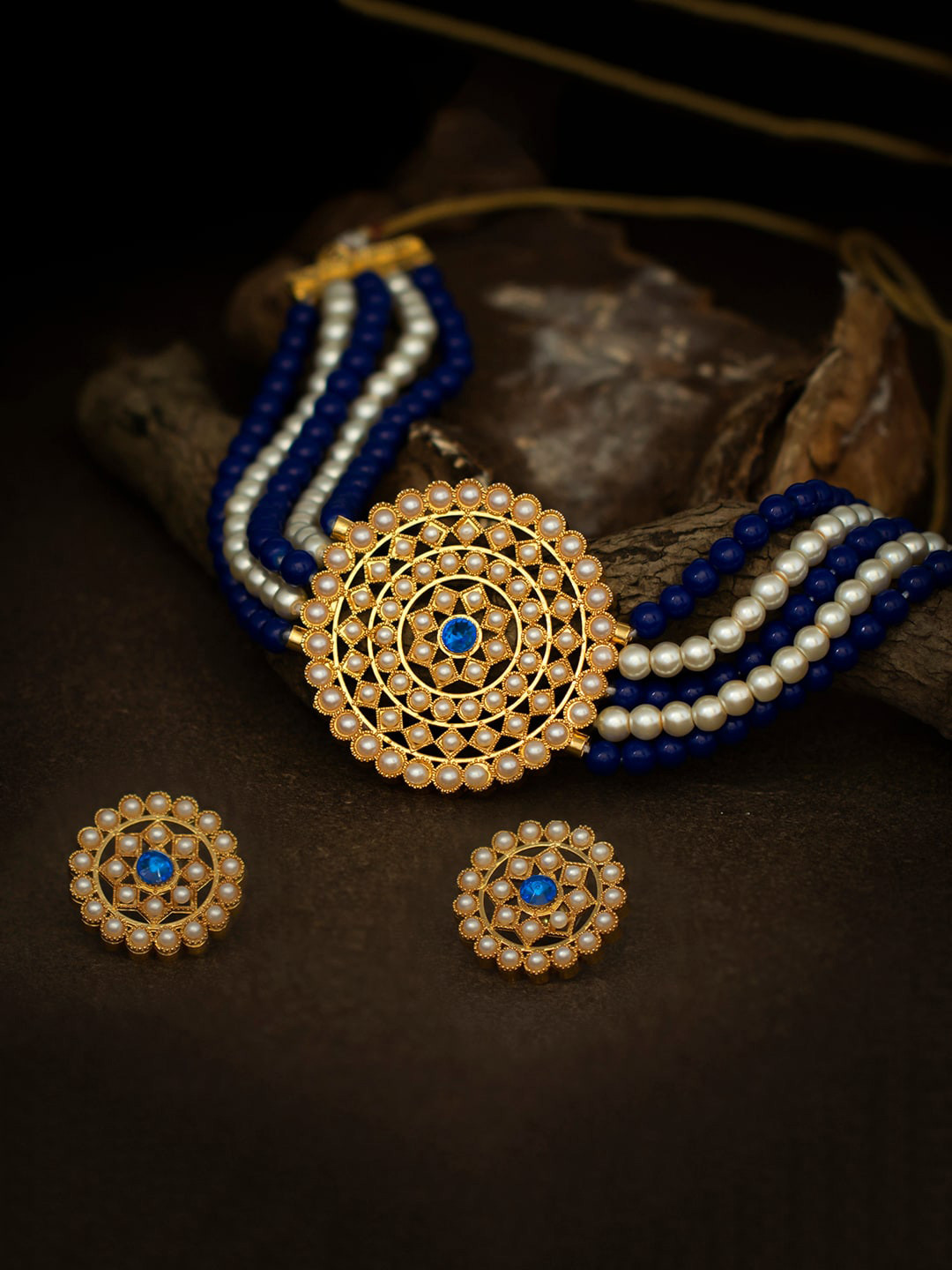 Sukkhi Gold Plated Blue & White Pearl-Studded Choker Sustainable Jewellery Set