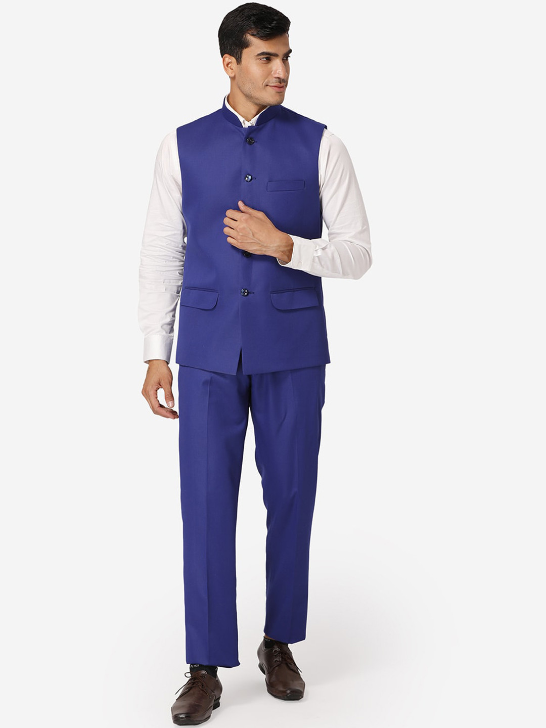 Wintage Men Blue Solid Bandhgala Formal Two-Piece Suit