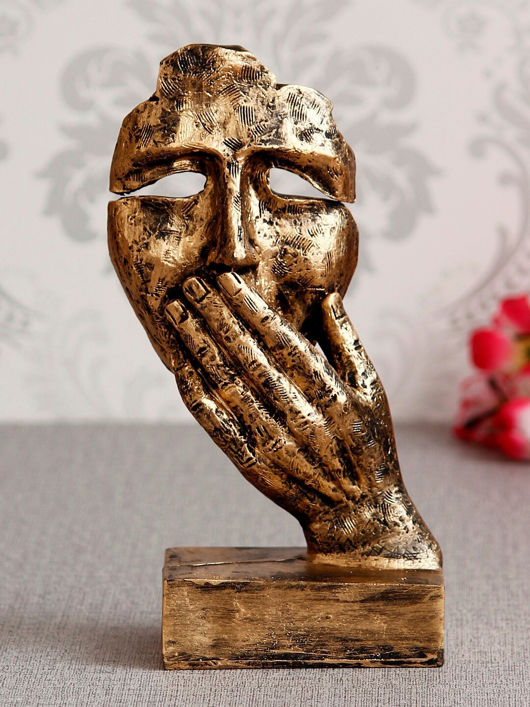 eCraftIndia Human Face with Hands On Mouth Gold Polyresin Natural Living Room Hand-Crafted Medium Showpiece - 9.1 Inches