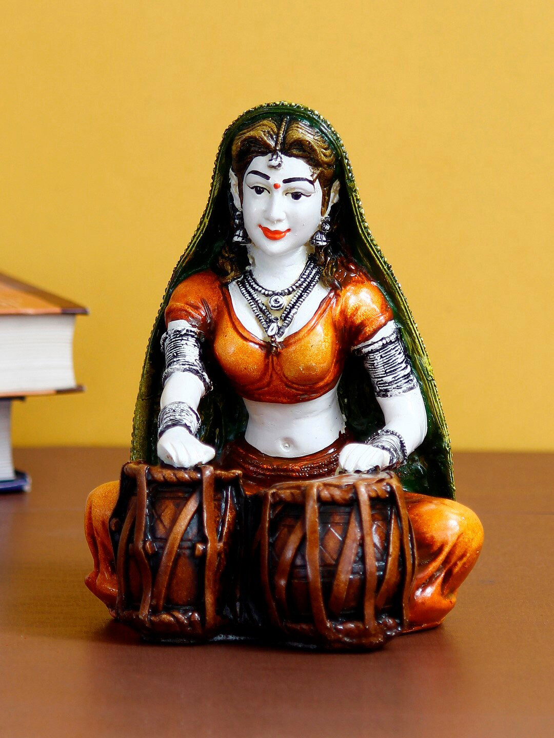eCraftIndia Rajasthani Lady Playing Tabla Orange Polyresin Natural Living Room Hand-Crafted Small Showpiece - 6.7 Inches