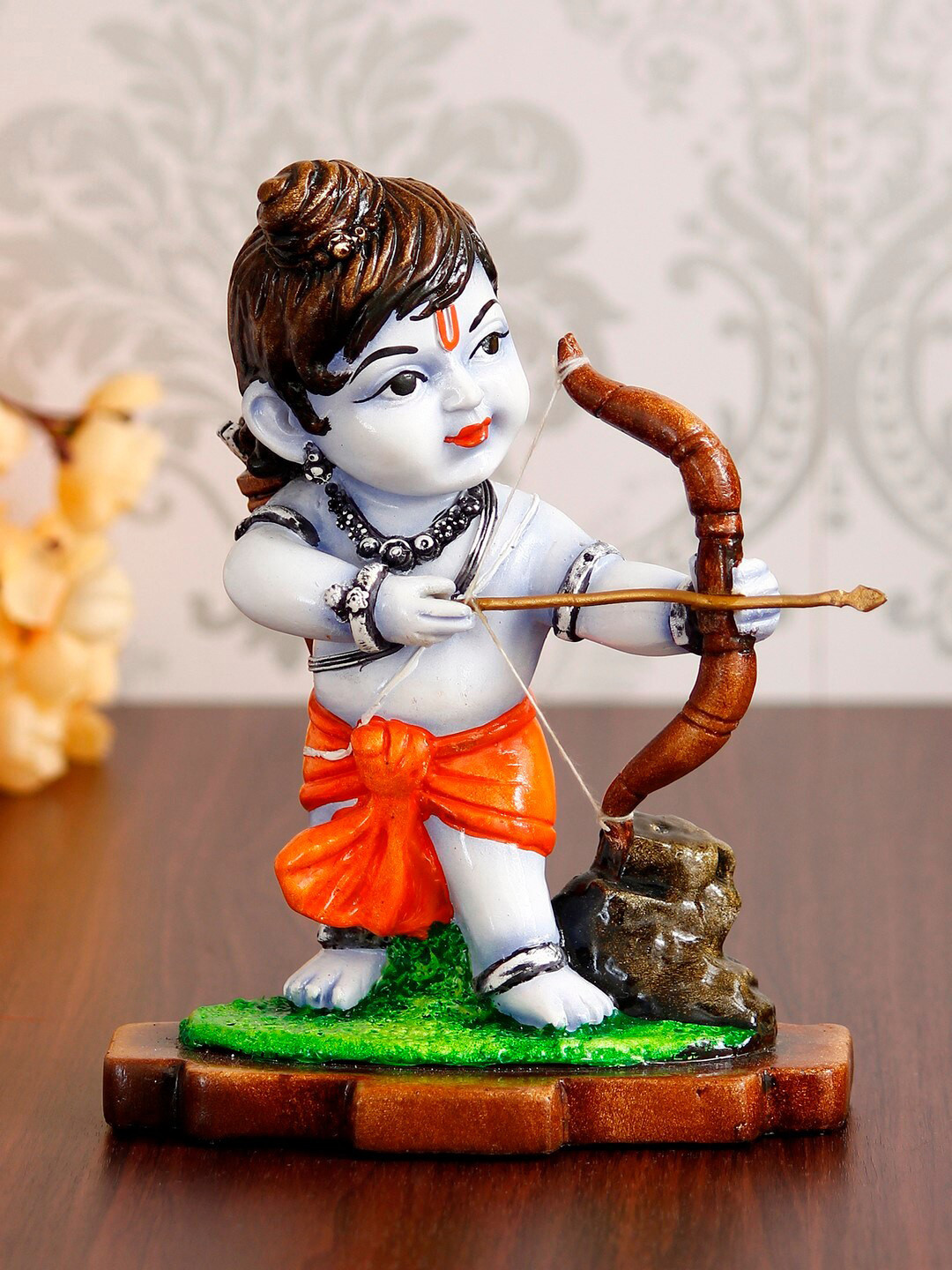 eCraftIndia Lord Ram Playing with Bow and Arrow Orange Polyresin Glossy Prayer Room Hand-Crafted Small Showpiece - 8.3 Inches