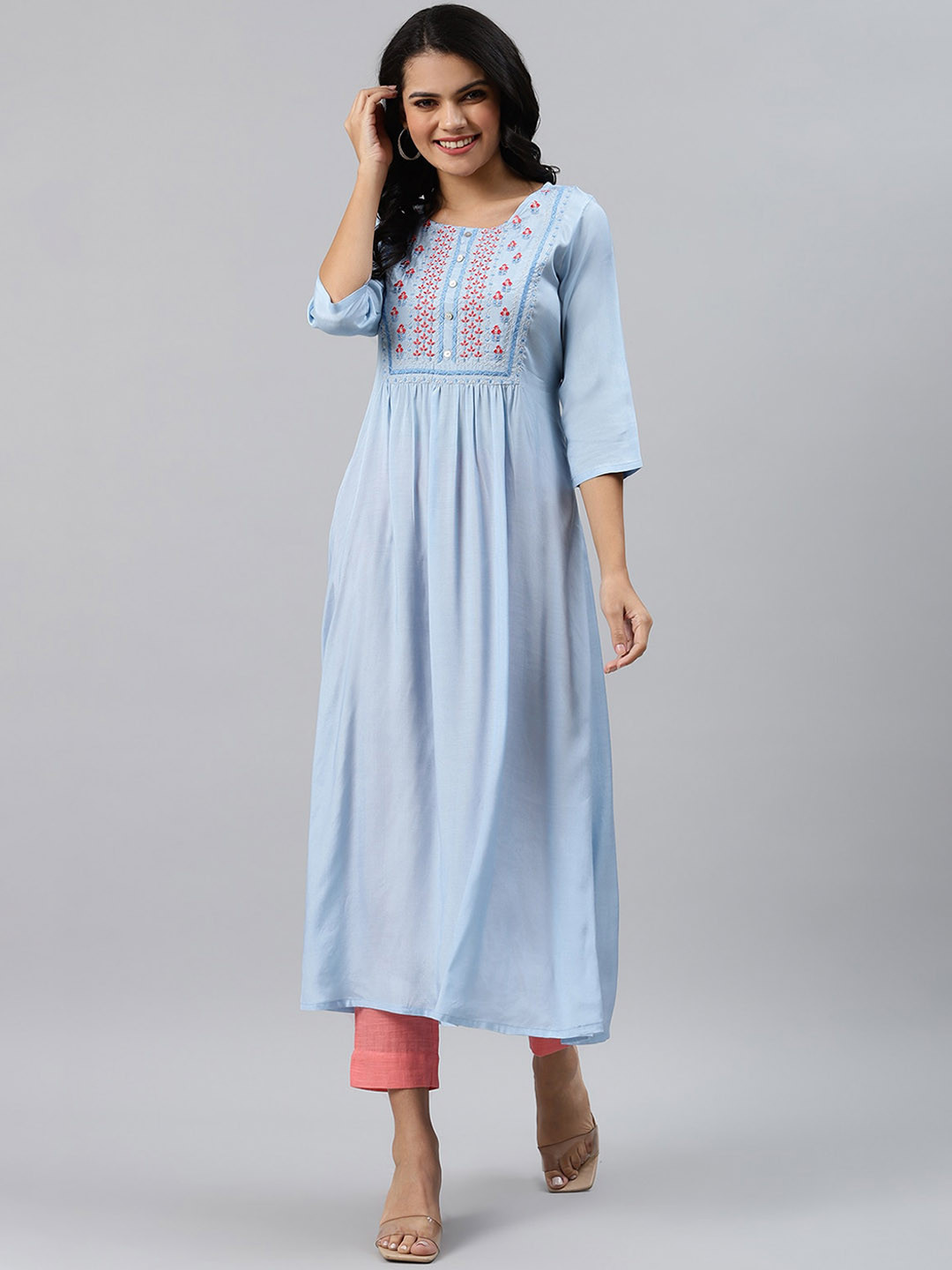 Sringam Women Blue Embroidered Fit and Flare Dress