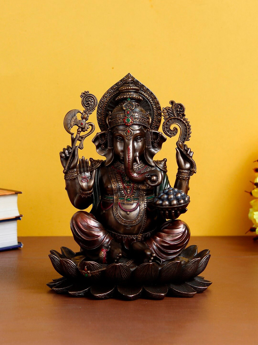 eCraftIndia Lord Ganesha on Lotus Bronze Polyresin Glossy Prayer Room Extra Large Showpiece - 9.6 Inches