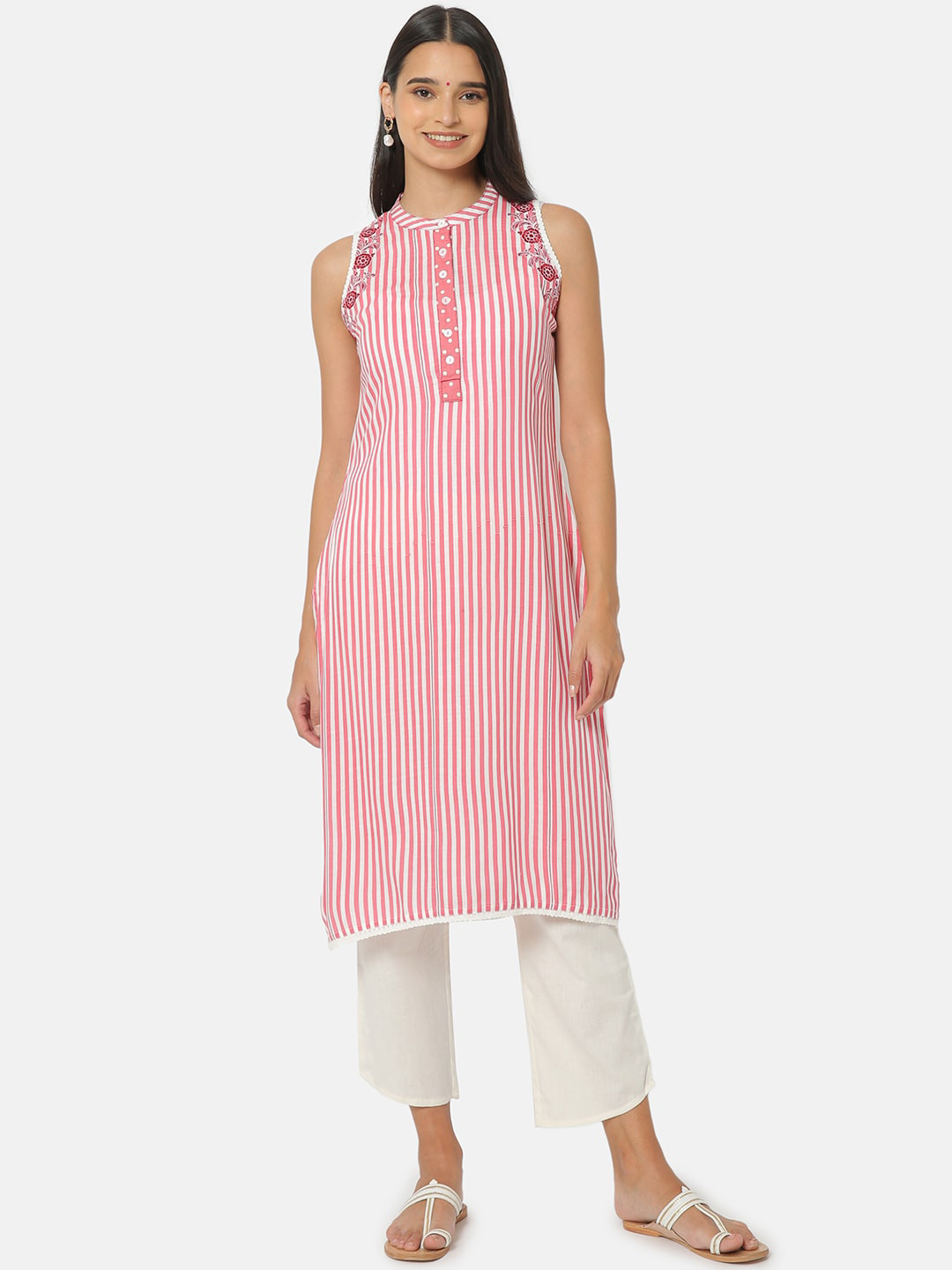 Saaki Women Pink & White Striped Thread Work Kurta