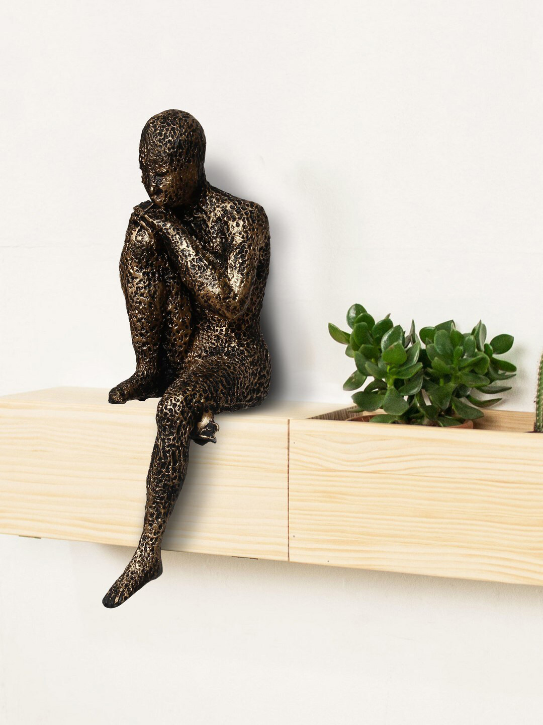 eCraftIndia Man Sitting in Thinking Position Brown Polyresin Matte Living Room Hand-Crafted Small Showpiece - 10.6 Inches
