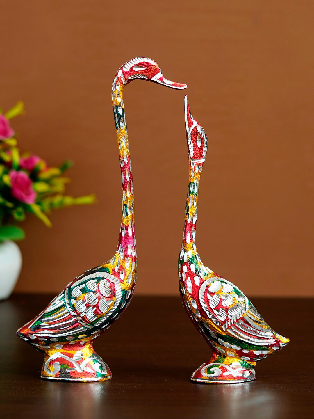 eCraftIndia Set Of 2 Pink & Green Textured Kissing Swan Couple Handcrafted Figurine