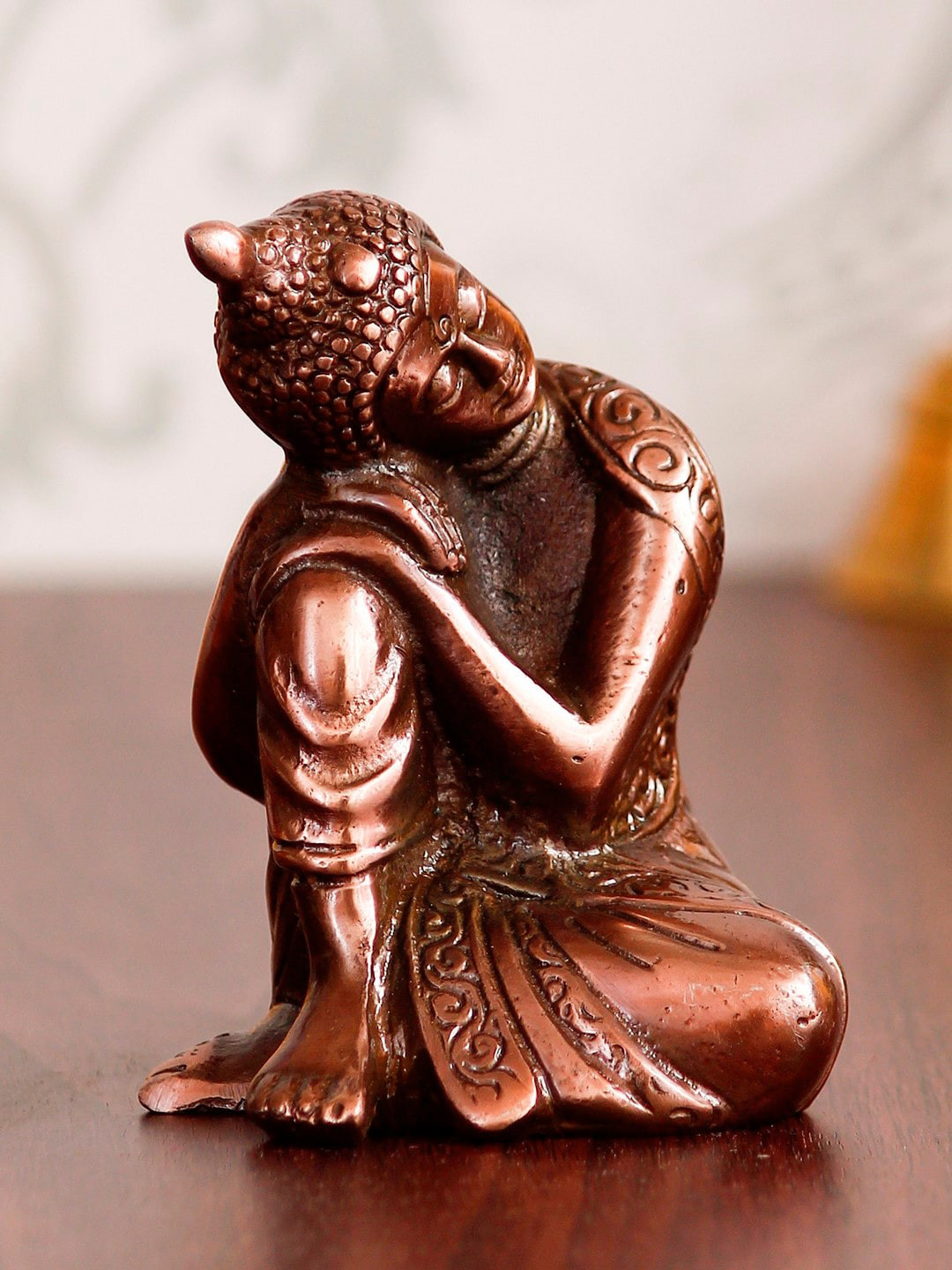 eCraftIndia Resting Buddha on Knee Copper Metal Metallic Living Room Tiny Showpiece - 3.5 Inches