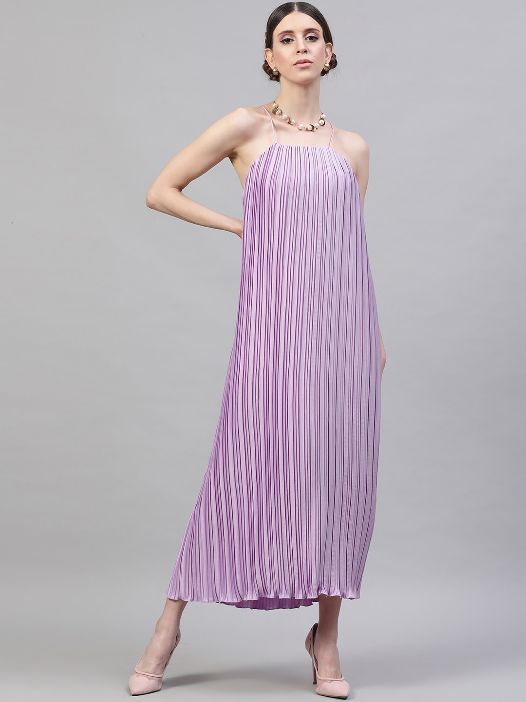 STREET 9 Women Lavender Solid Satin Accordion Pleated Maxi Dress