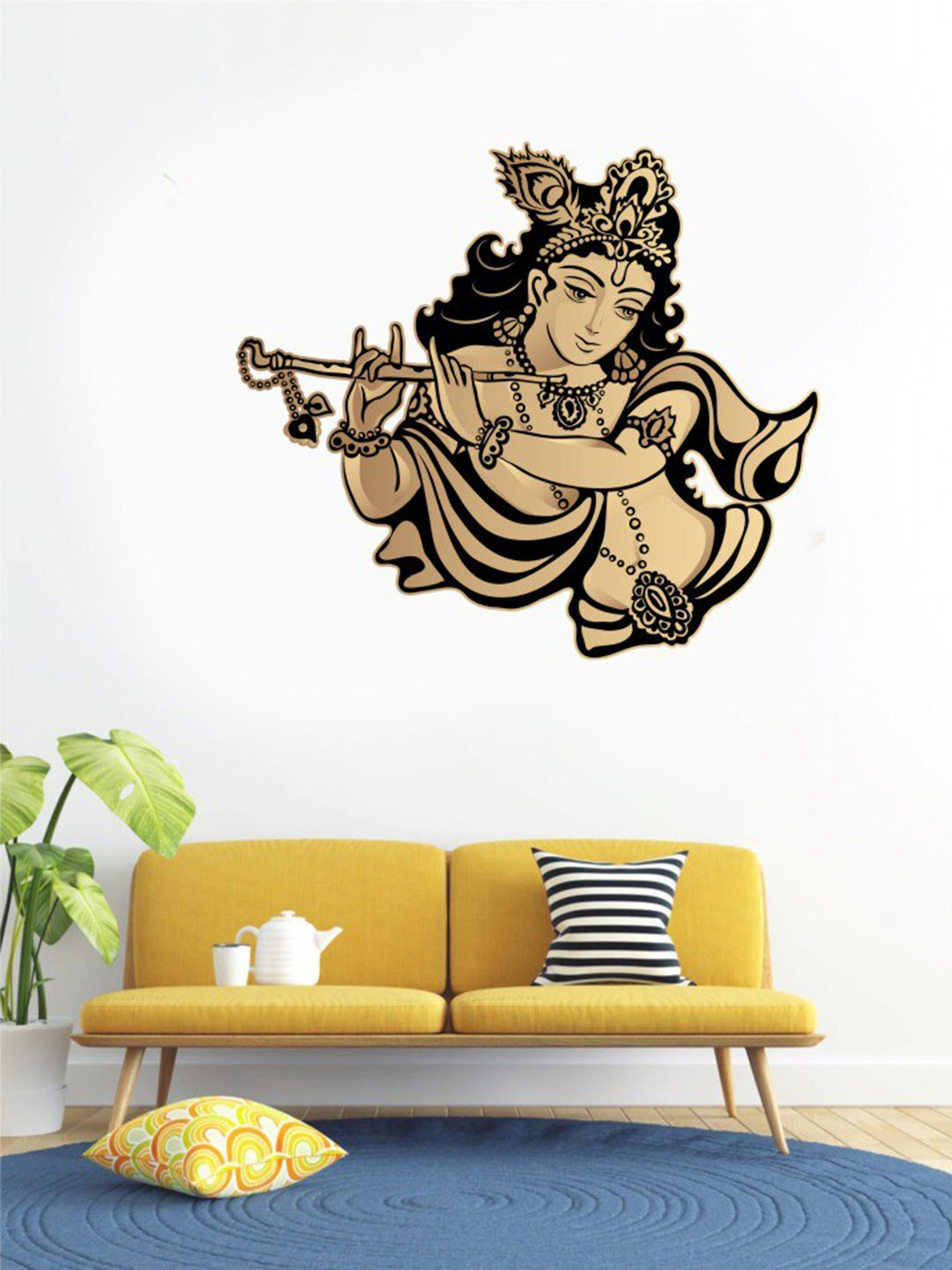 rawpockets Beige & Black Lord Krishna Flute Singing Wall Sticker