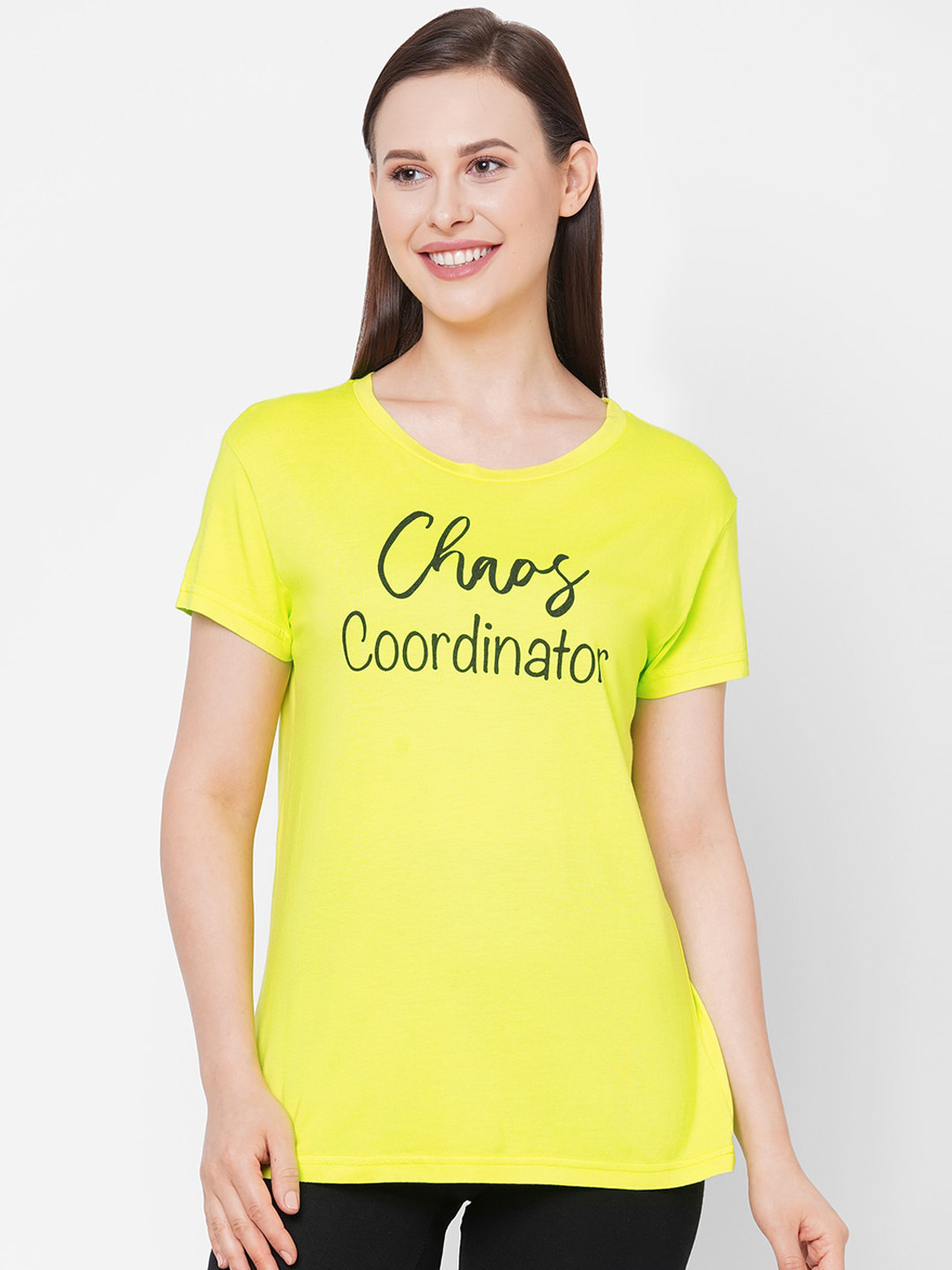 Mystere Paris Women Yellow & Black Printed Cotton Lounge T-Shirt