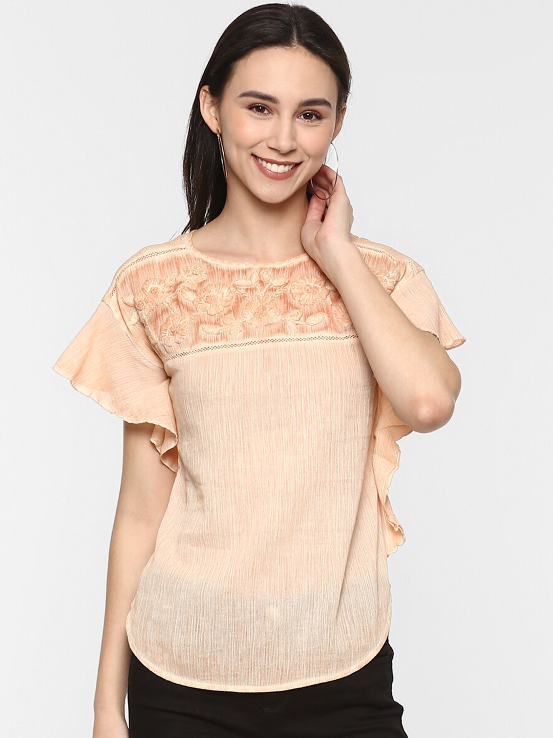 Porsorte Peach-Coloured & Orange Batwing Sleeves Pure Cotton Regular Top